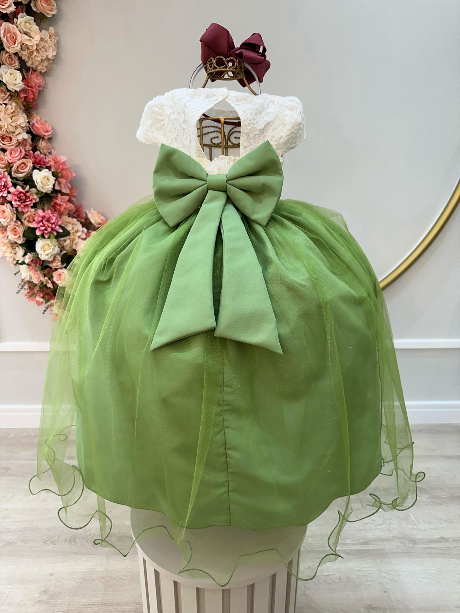 Vestido Infantil Off White Saia Verde Oliva C/ Renda e Broche
