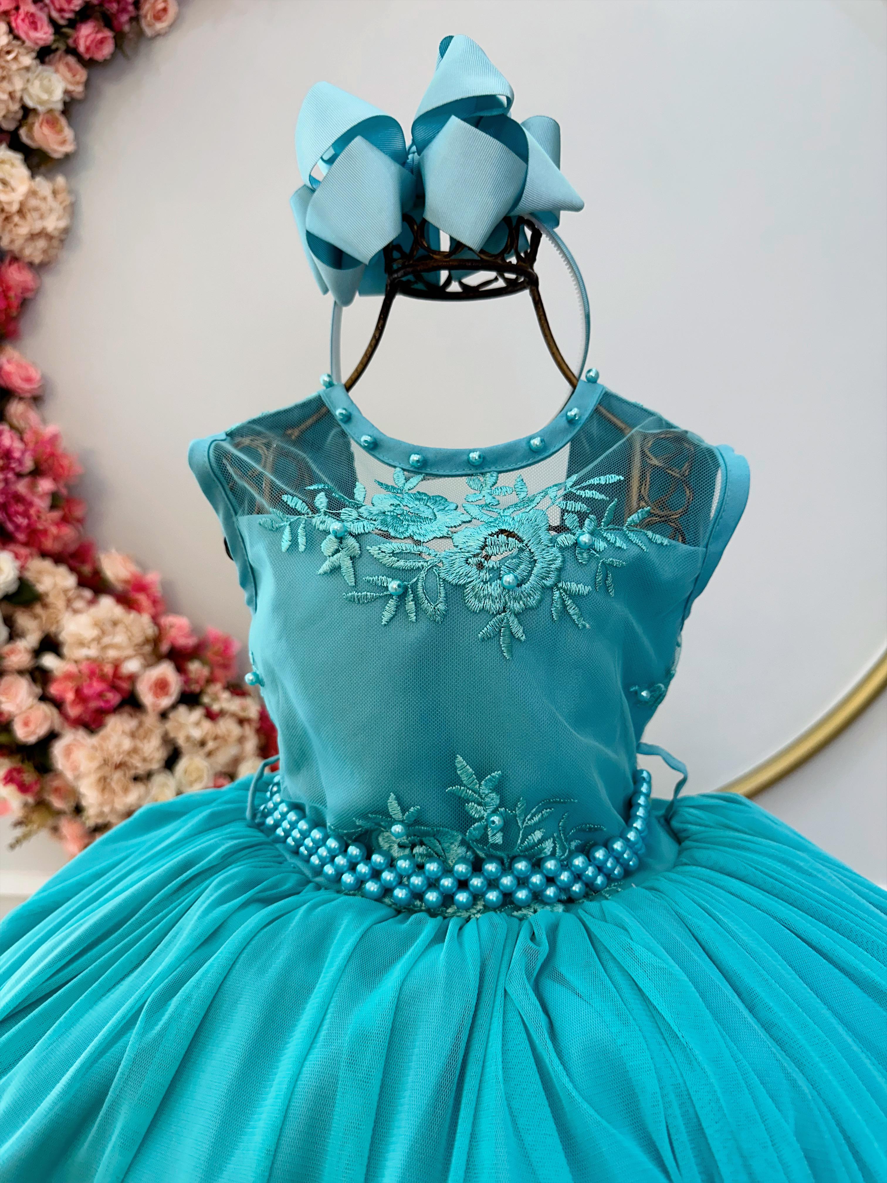 Vestido Infantil Verde C/ Renda e Cinto de Pérolas Damas Luxo