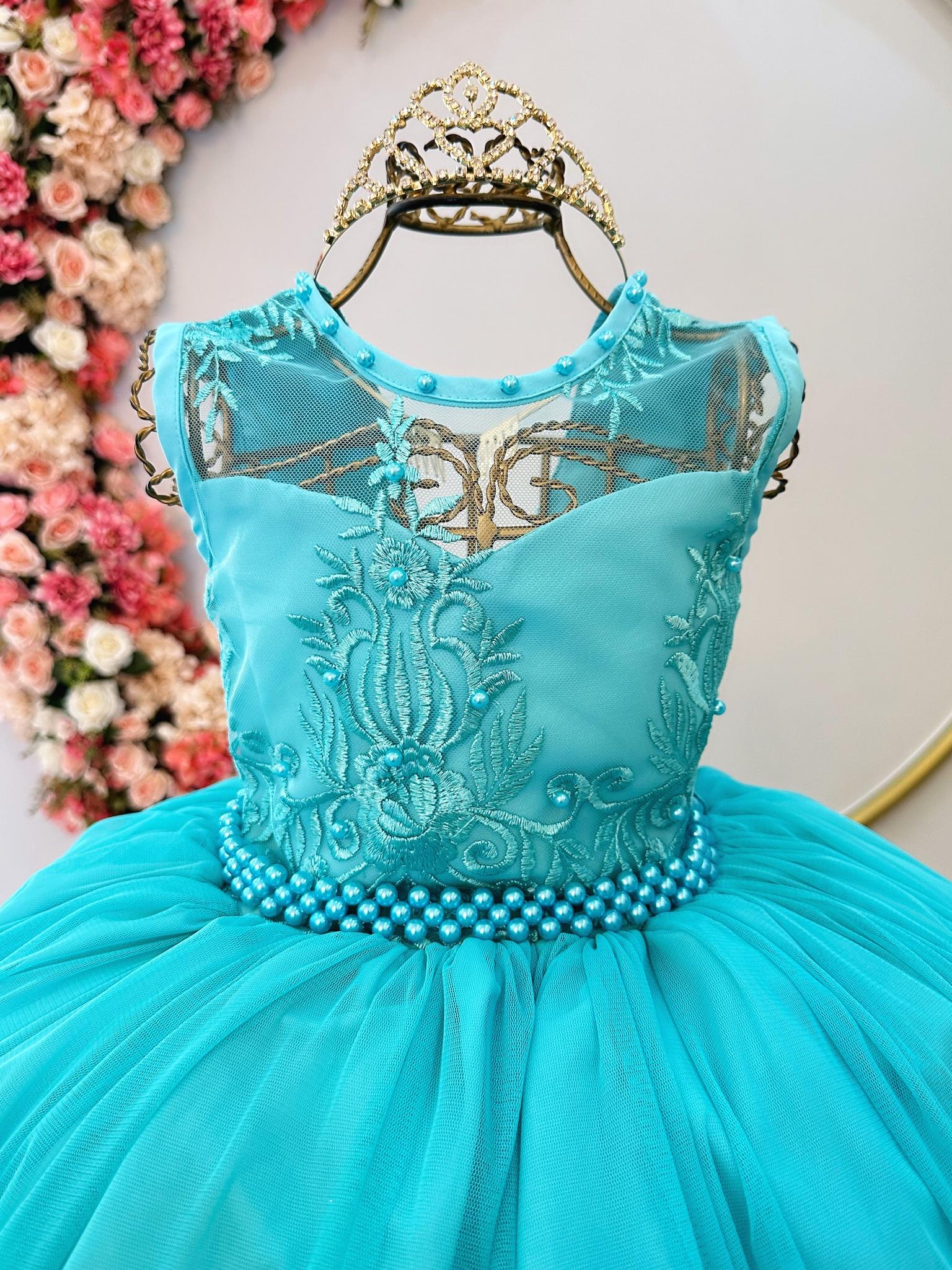 Vestido Infantil Longo Verde C/ Renda e Pérolas Damas Festa