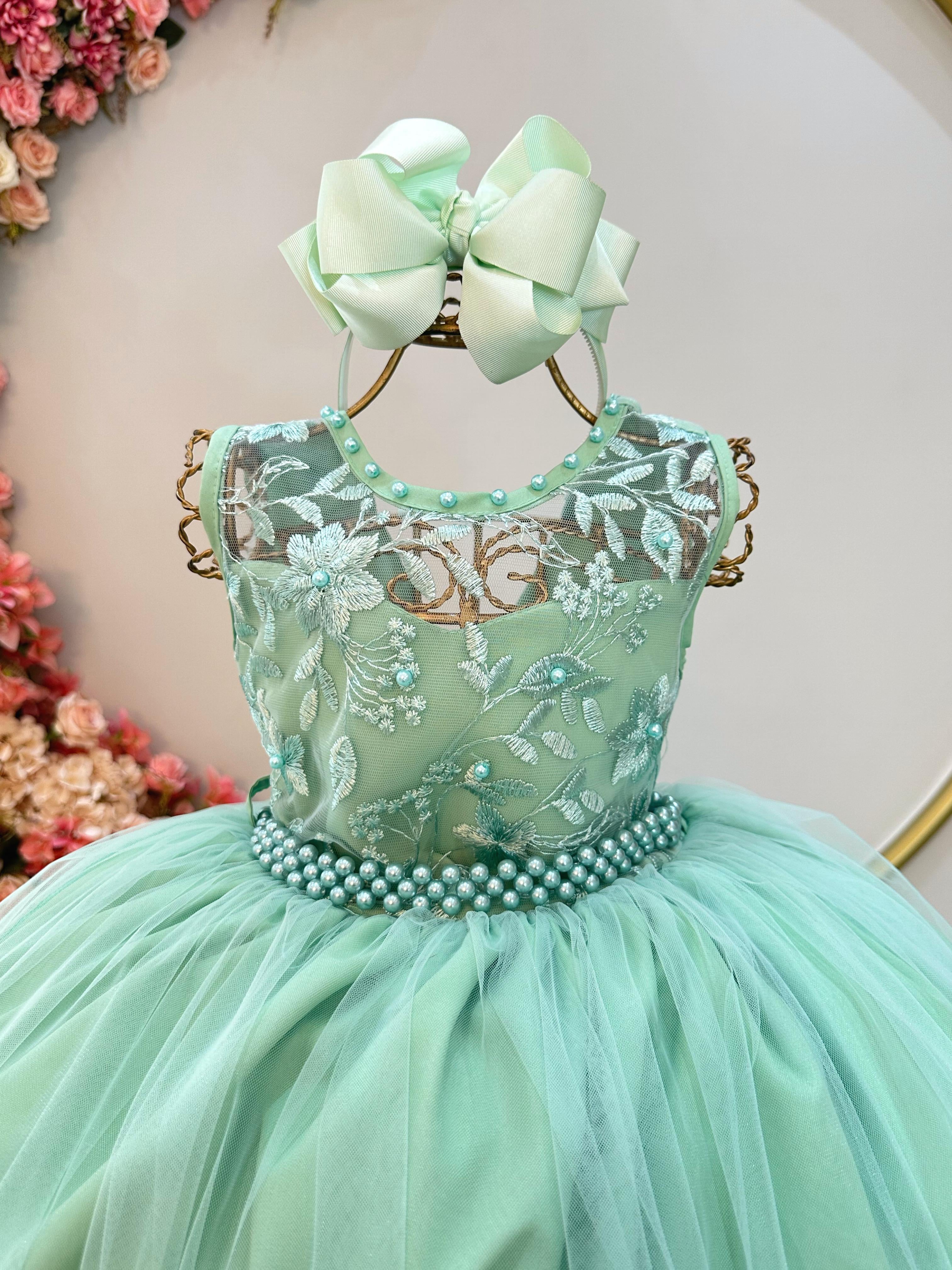 Vestido Infantil Verde Menta Longo Com Renda Casamento