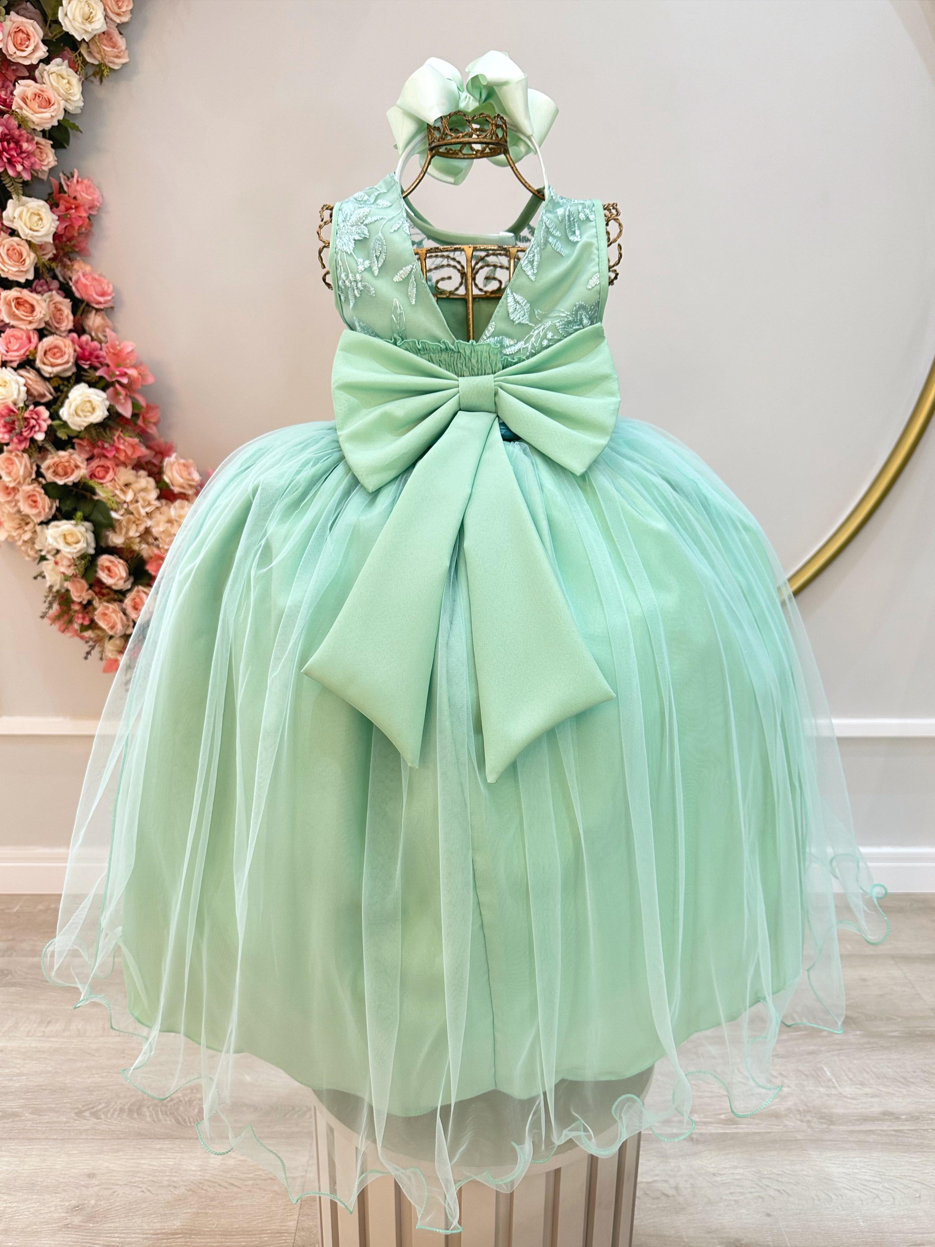 Vestido Infantil Verde Menta Longo Com Renda Casamento