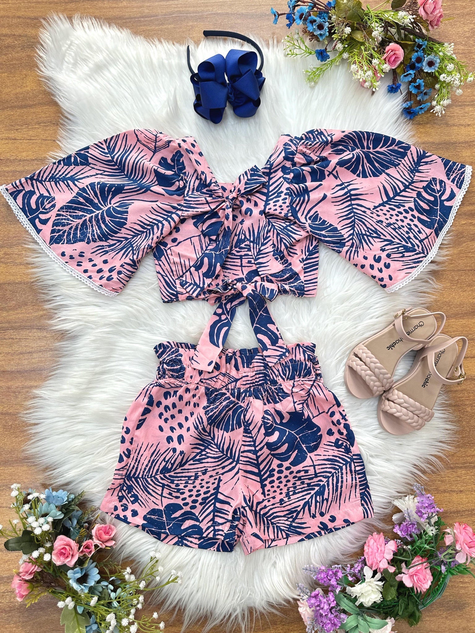 Conjunto Meninas Cropped Florido Rosa e Azul Casual Primavera