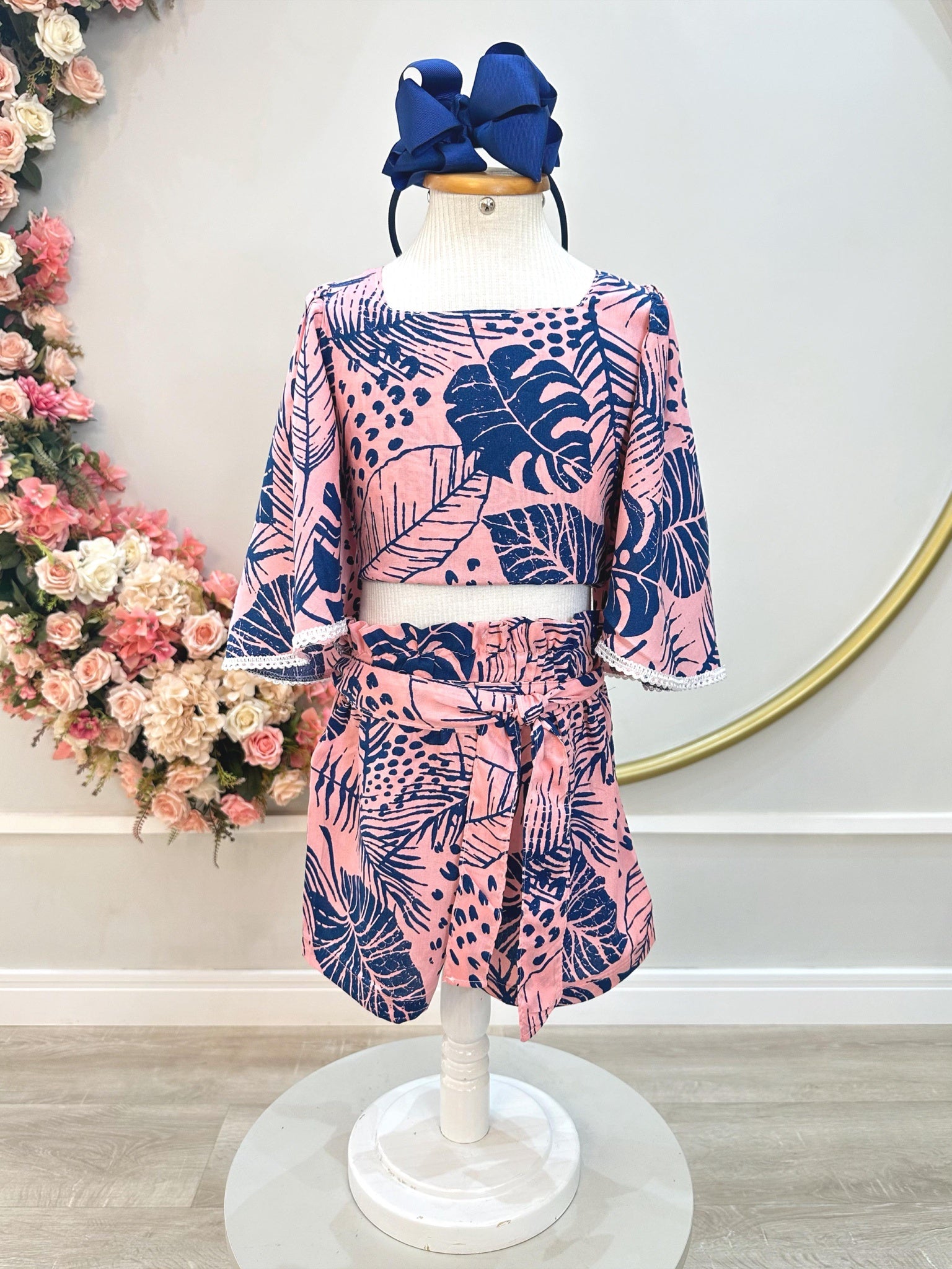Conjunto Meninas Cropped Florido Rosa e Azul Casual Primavera