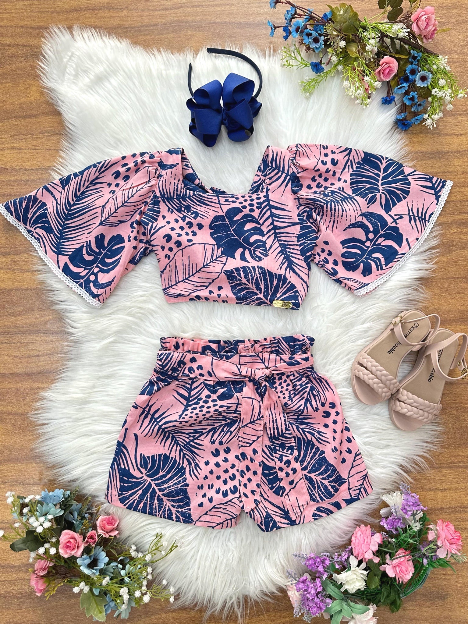 Conjunto Meninas Cropped Florido Rosa e Azul Casual Primavera