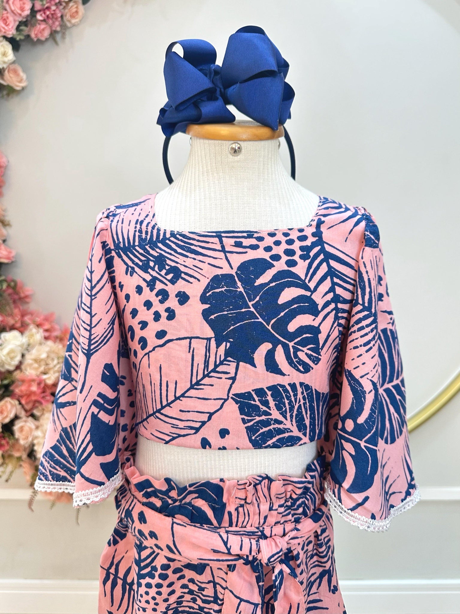 Conjunto Meninas Cropped Florido Rosa e Azul Casual Primavera