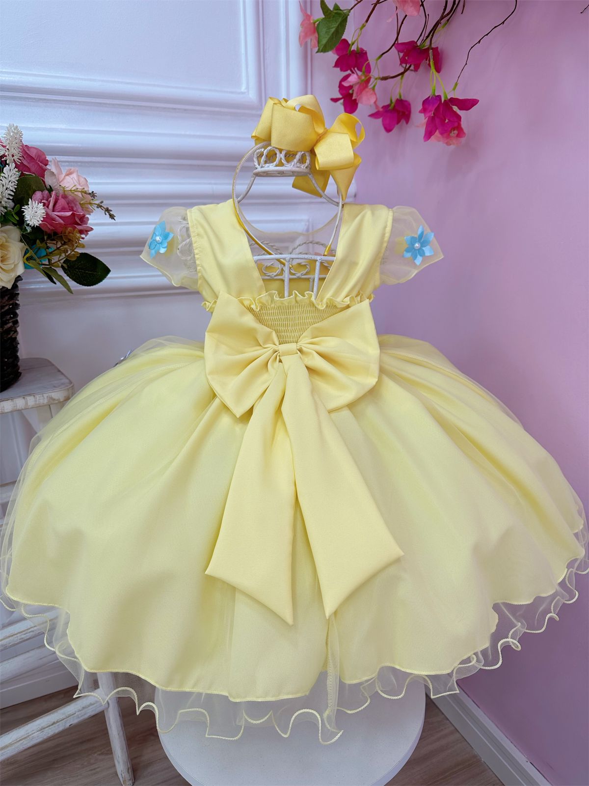 Vestido Infantil Amarelo Aplique Borboletas Flores Pérolas