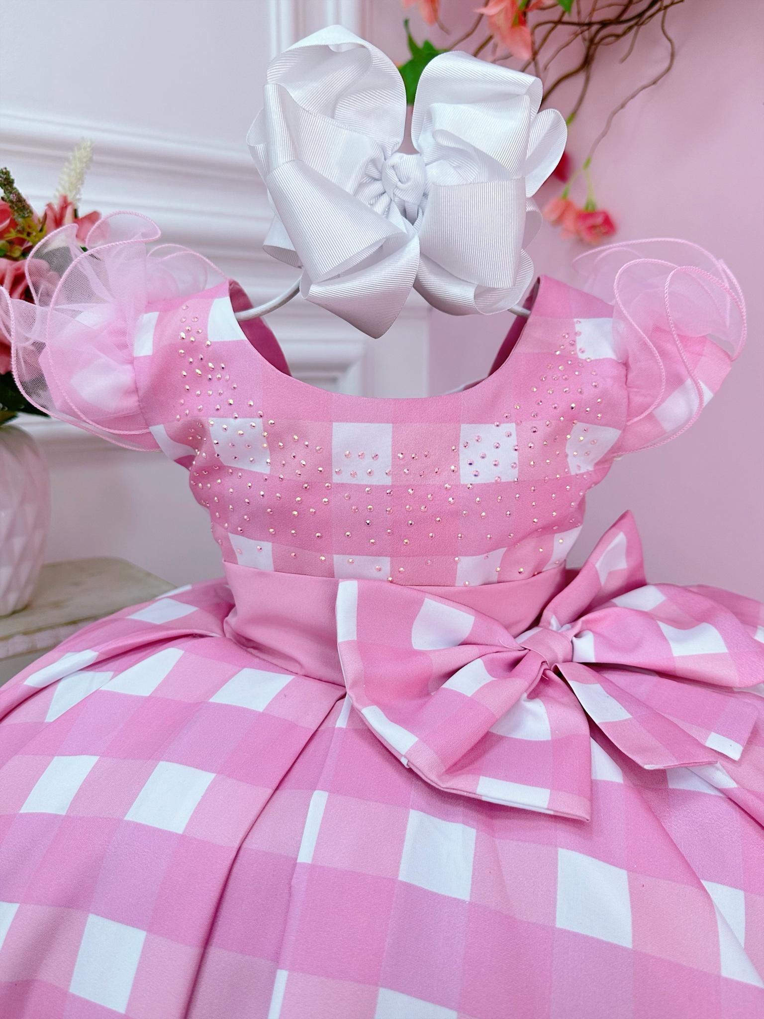 Vestido Infantil Barbie Rosa Xadrez Branco C/ Strass e Laço