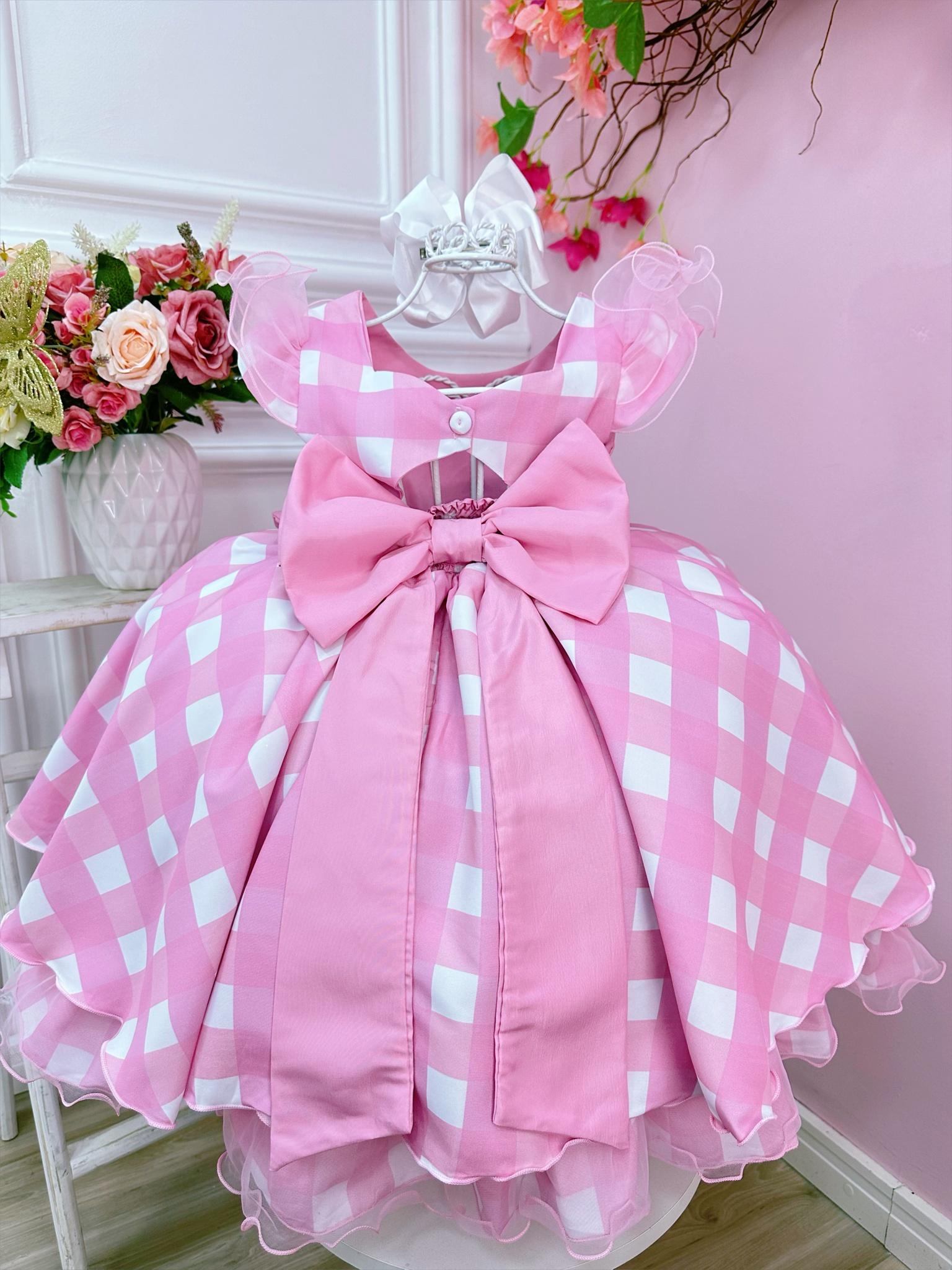 Vestido Infantil Barbie Rosa Xadrez Branco C/ Strass e Laço