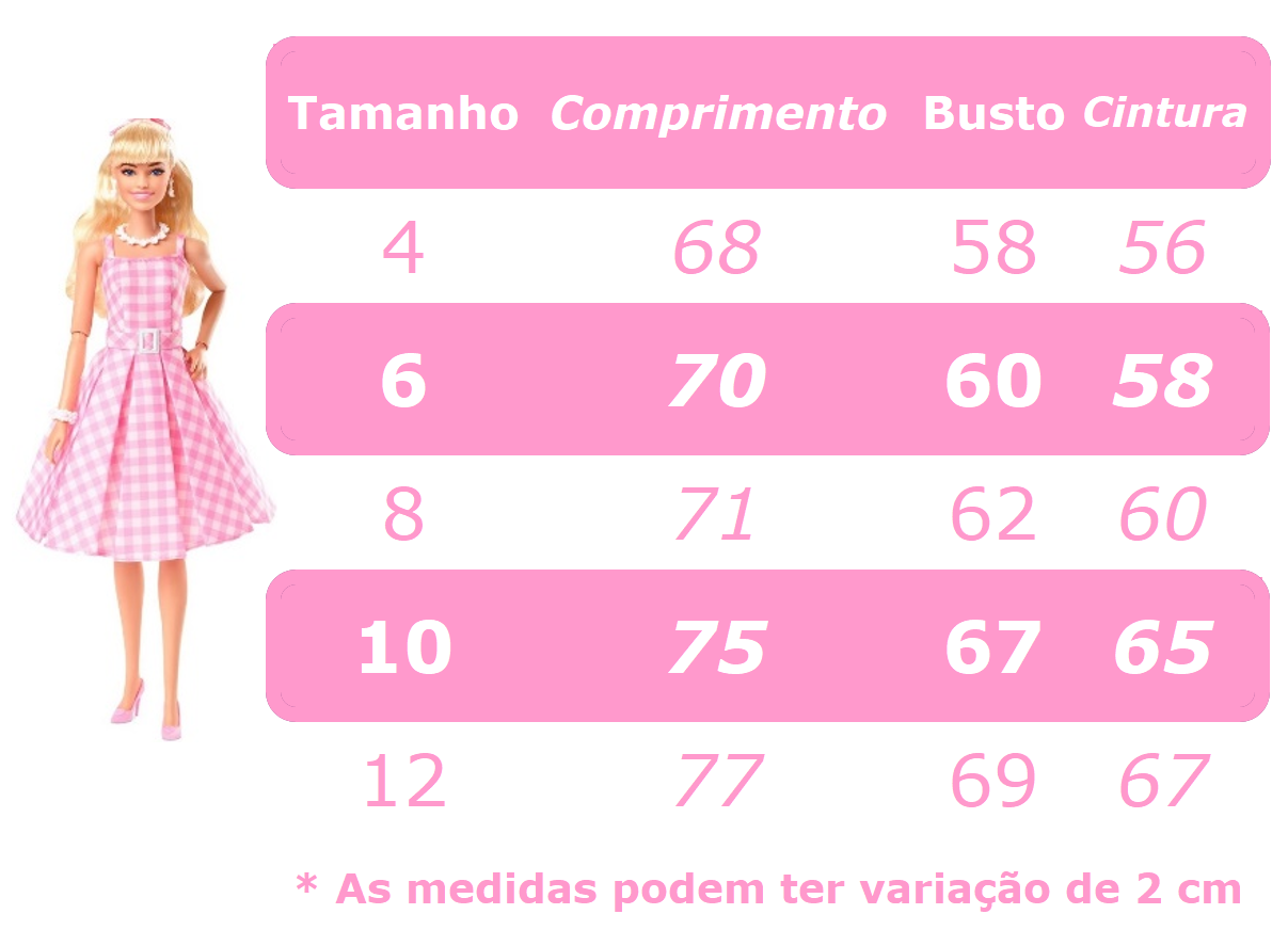 Vestido Infantil Barbie Rosa Xadrez Branco C/ Strass e Laço
