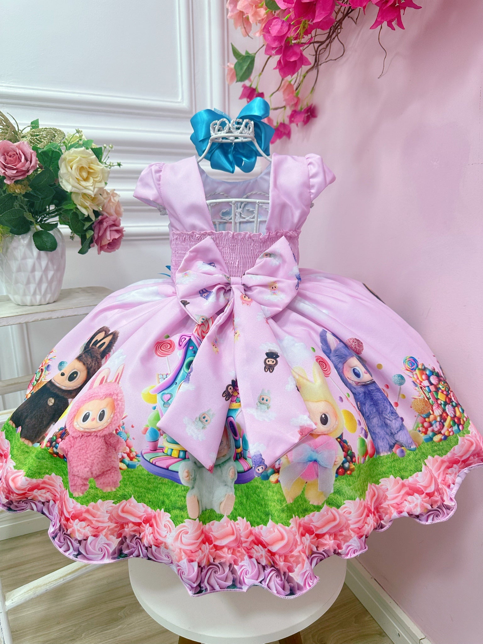 Vestido Infantil Labubu 3D Rosa Colorido Festas