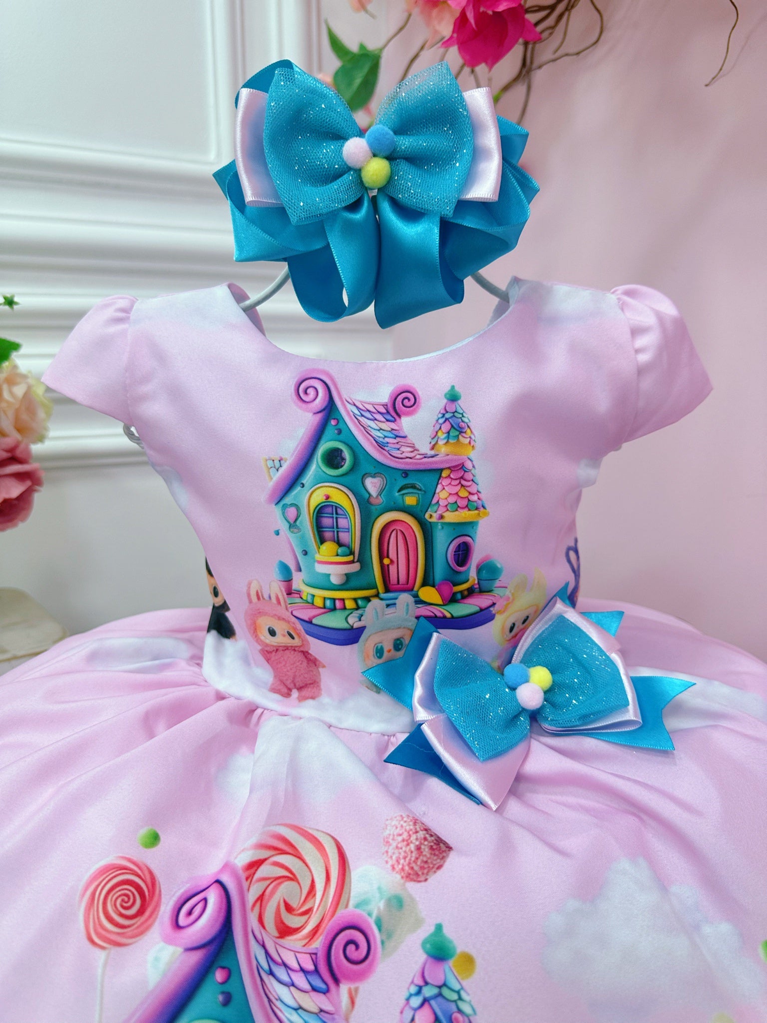 Vestido Infantil Labubu 3D Rosa Colorido Festas