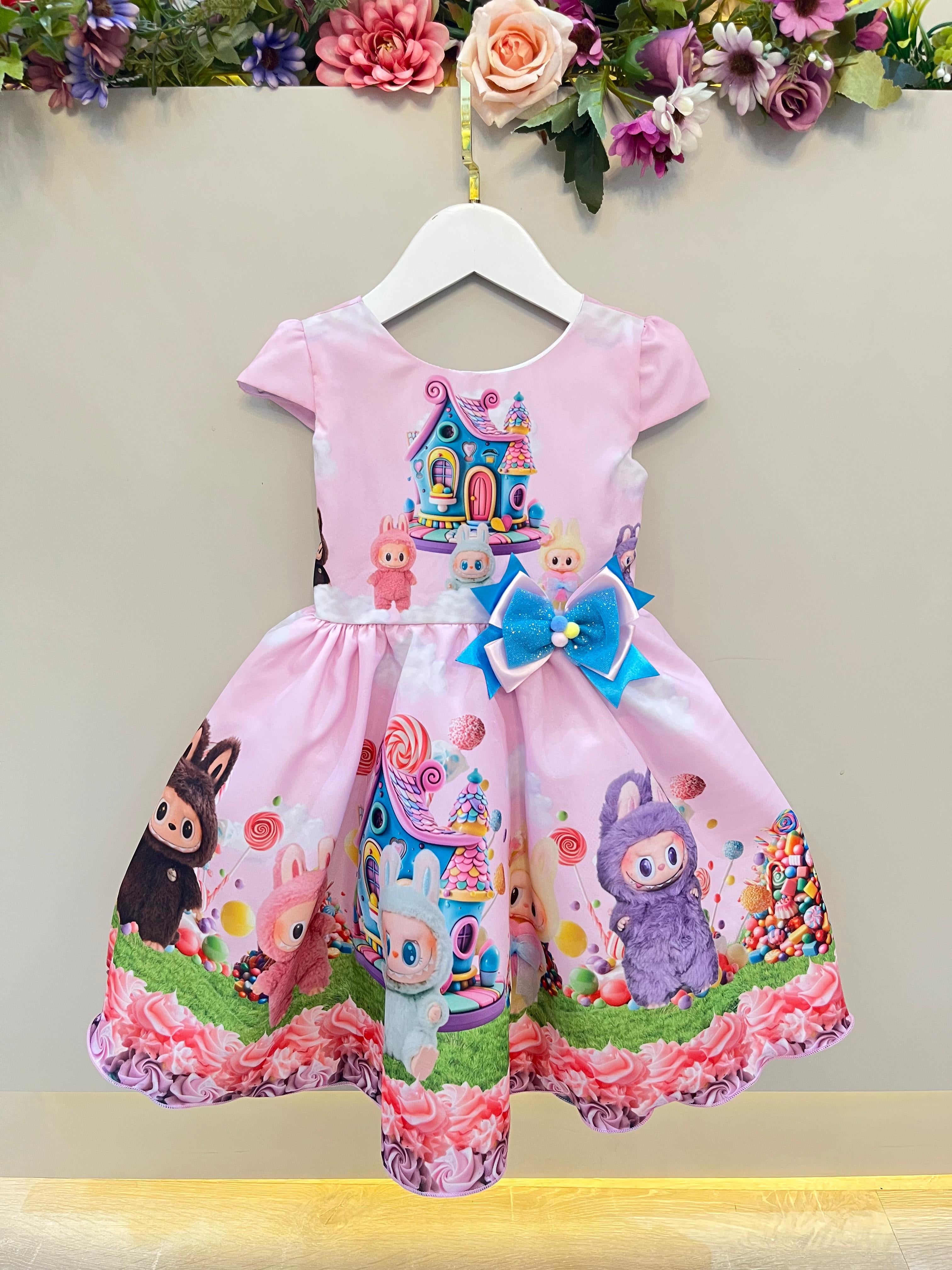 Vestido Infantil Labubu 3D Rosa Colorido Festas