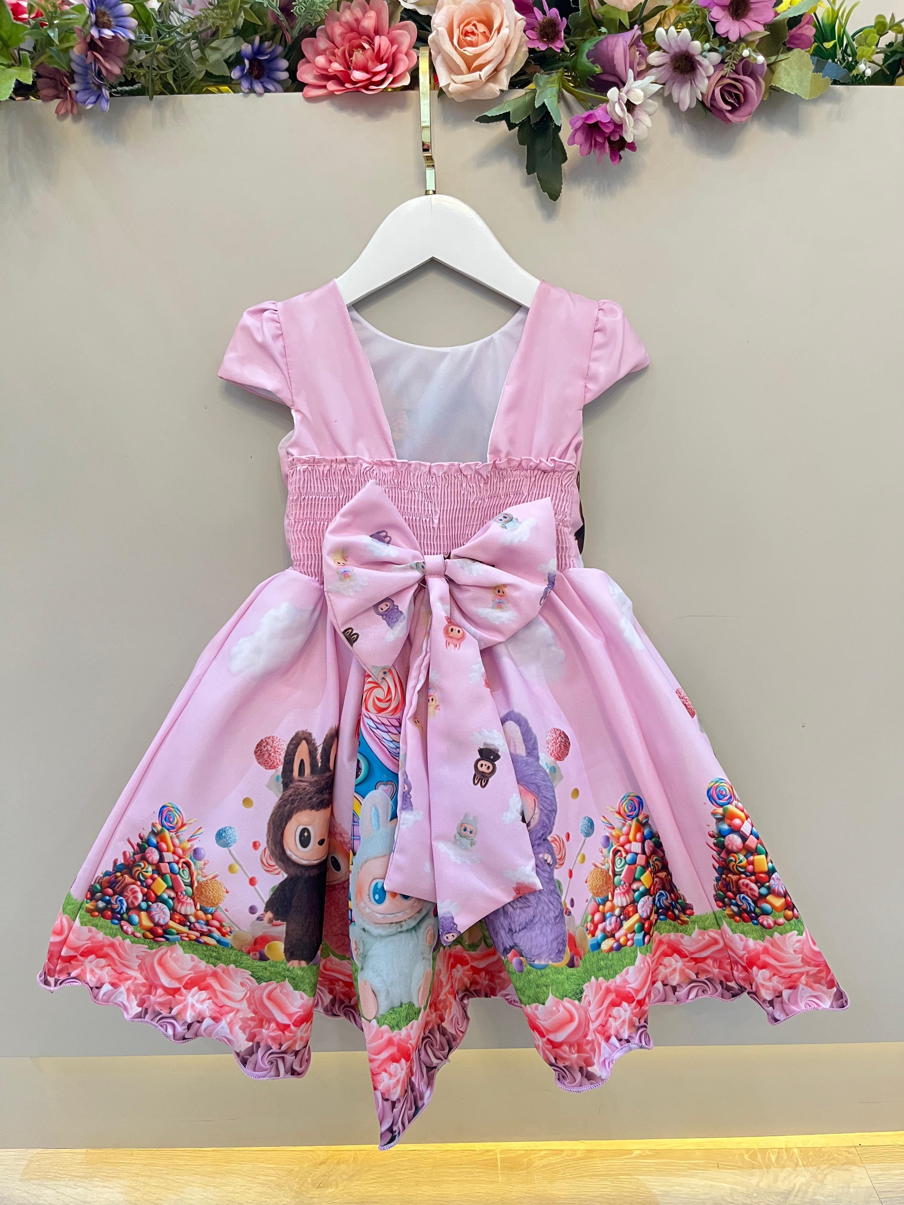 Vestido Infantil Labubu 3D Rosa Colorido Festas