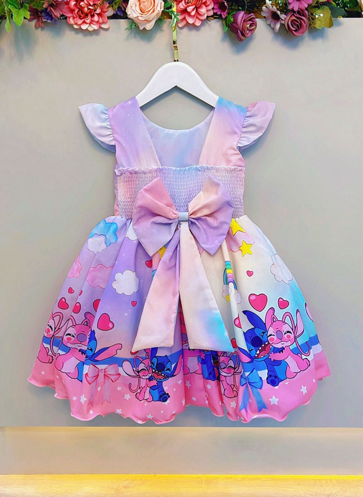 Vestido Infantil Lilo Stitch e Angel Apaixonados Colorido