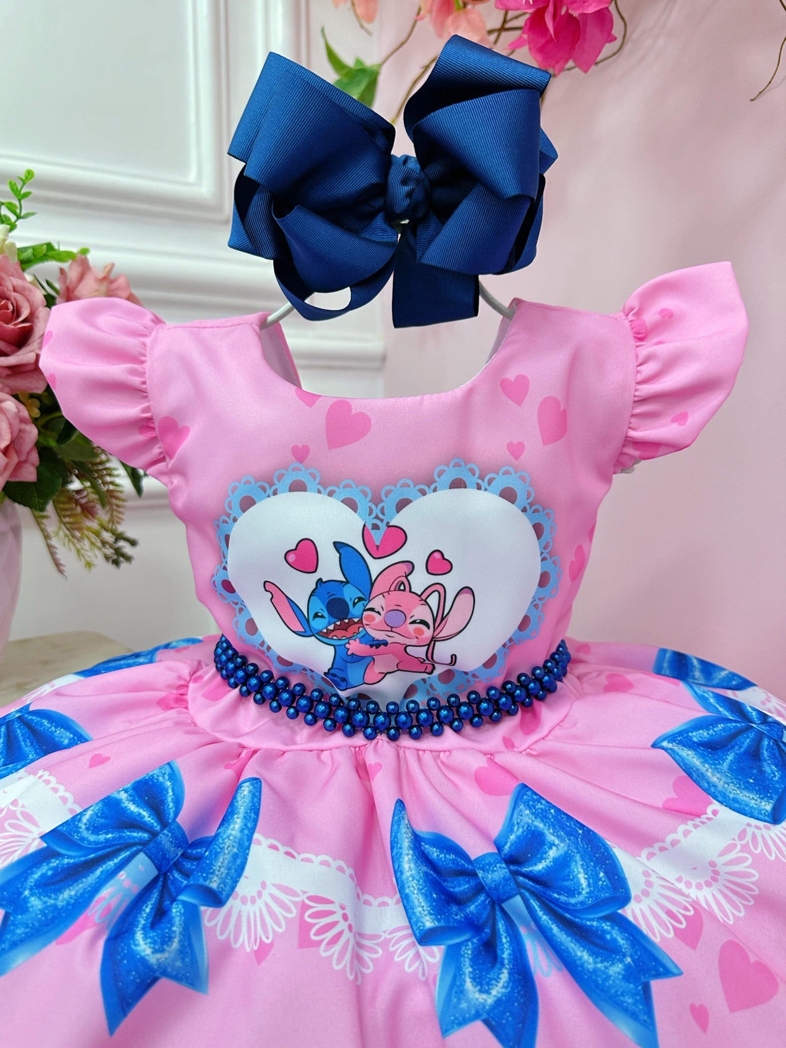 Vestido Infantil Lilo Stitch e Angel Rosa Festas