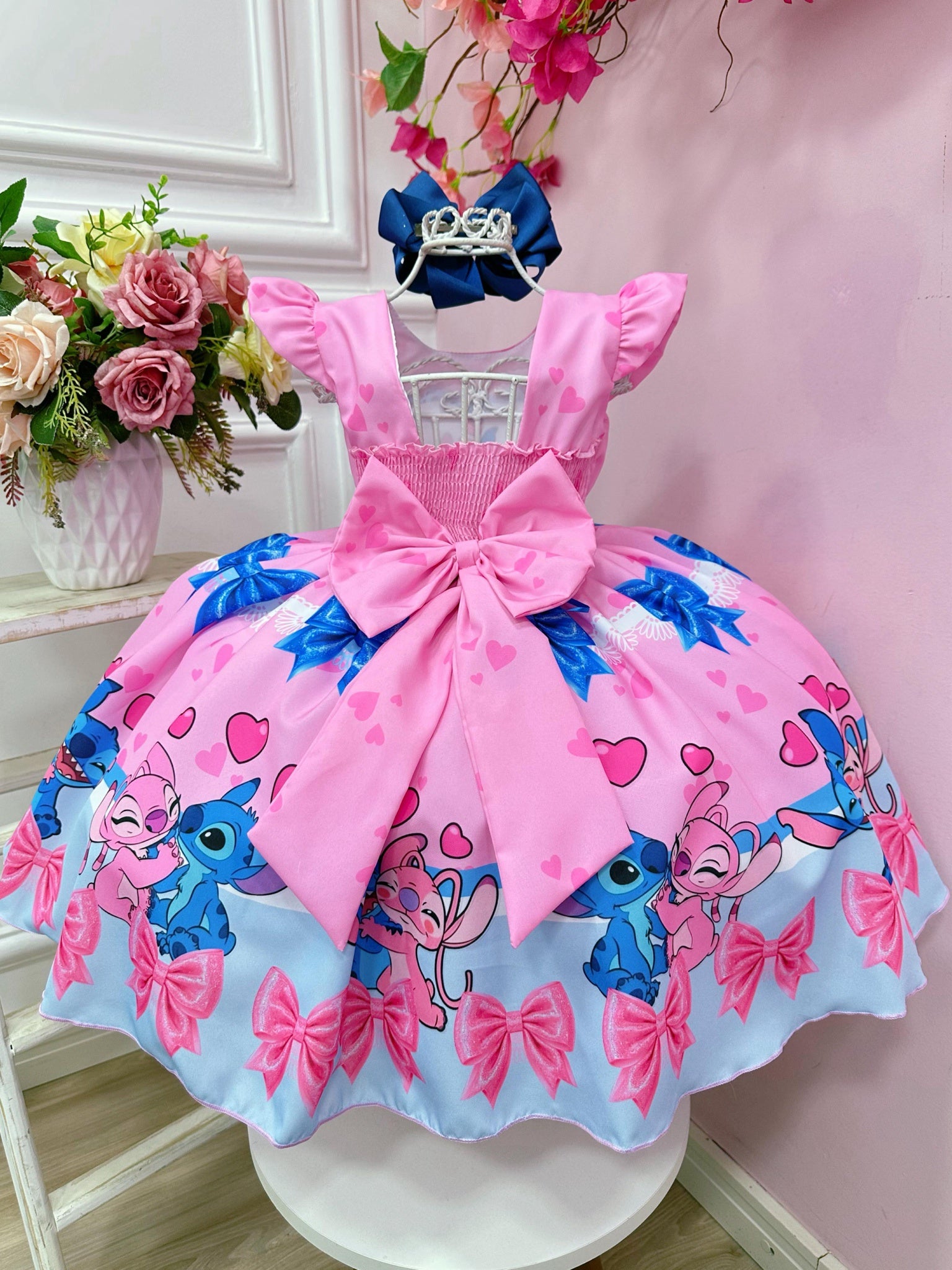 Vestido Infantil Lilo Stitch e Angel Rosa Festas