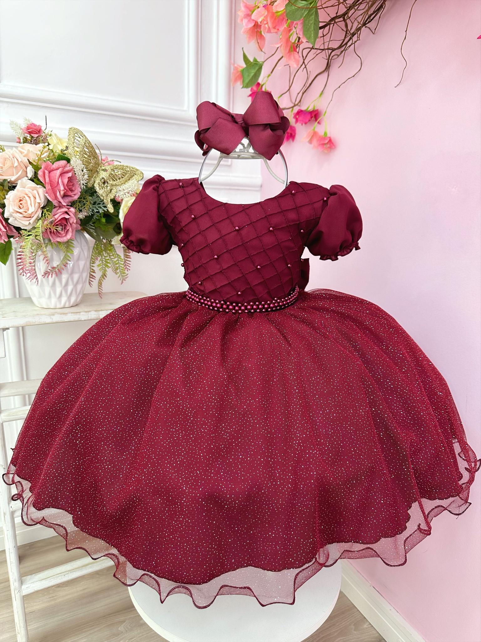 Vestido Infantil Marsala Busto Nervura C/ Pérolas Festas