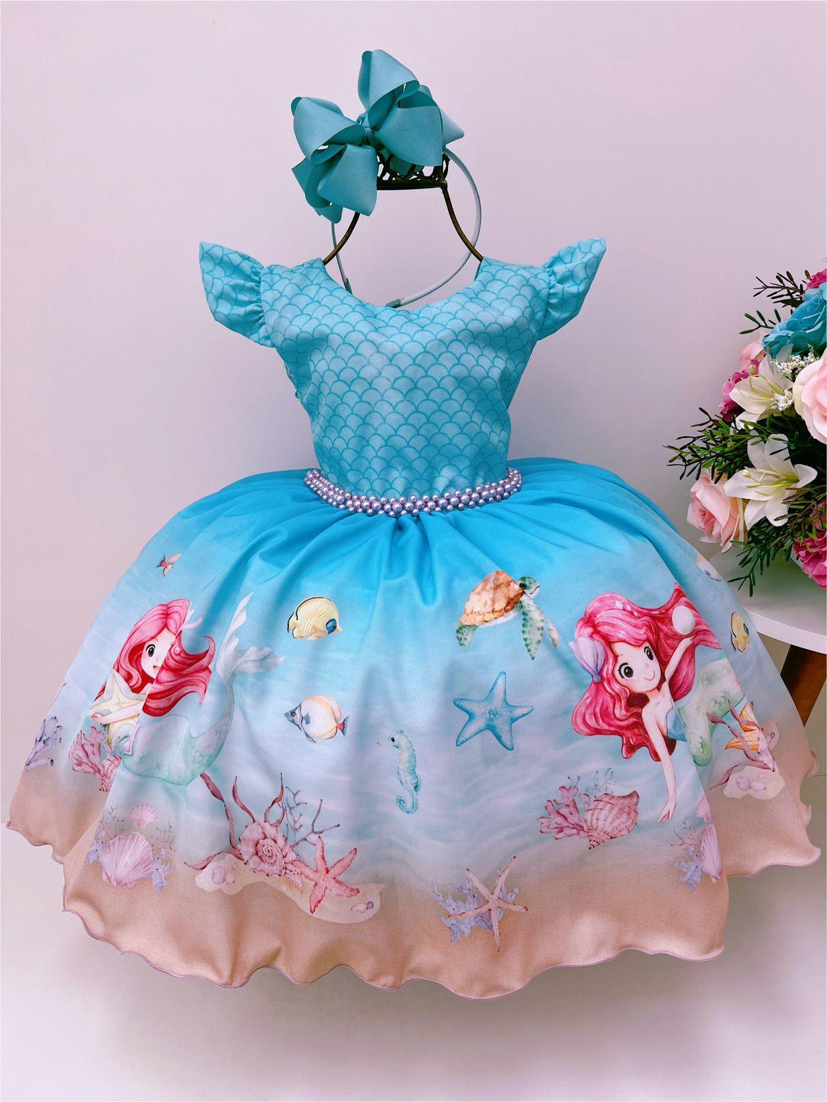 Vestido Infantil Pequena Sereia Fundo do Mar Escamas Luxo
