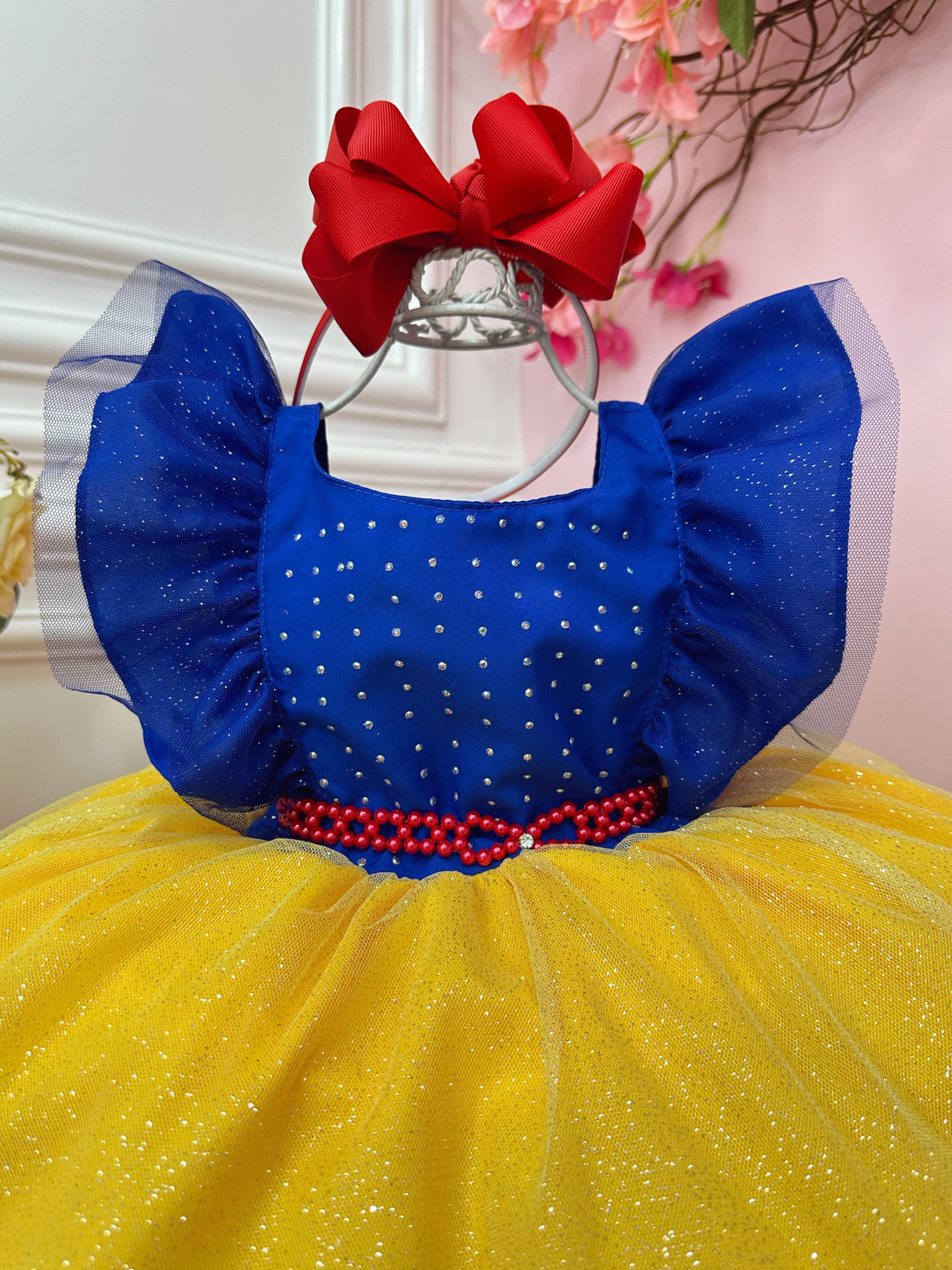 Vestido Infantil Princesa Branca de Neve C/ Babados Strass