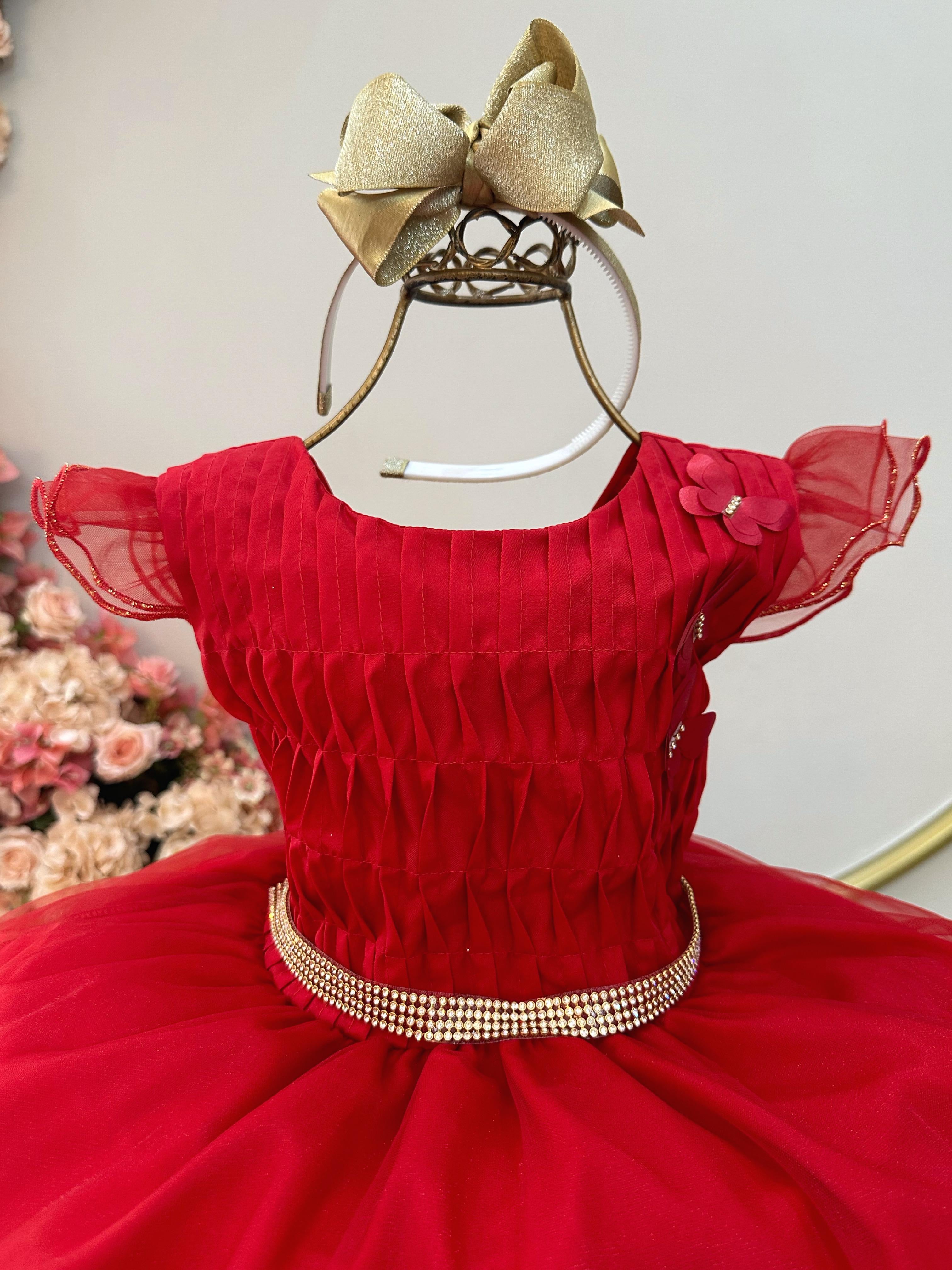 Vestido Infantil Vermelho Busto Plissado Saia Organza Festas