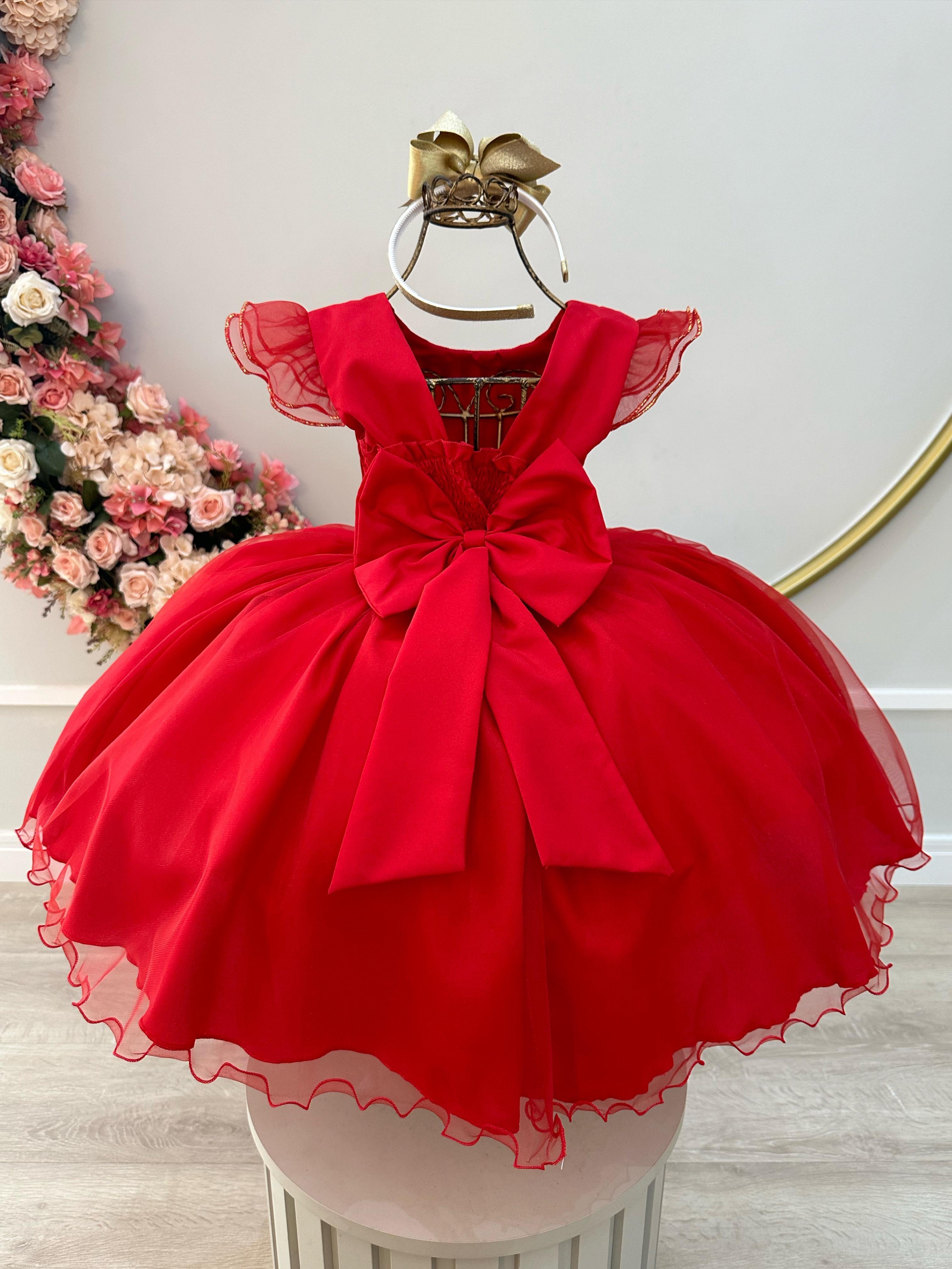 Vestido Infantil Vermelho Busto Plissado Saia Organza Festas
