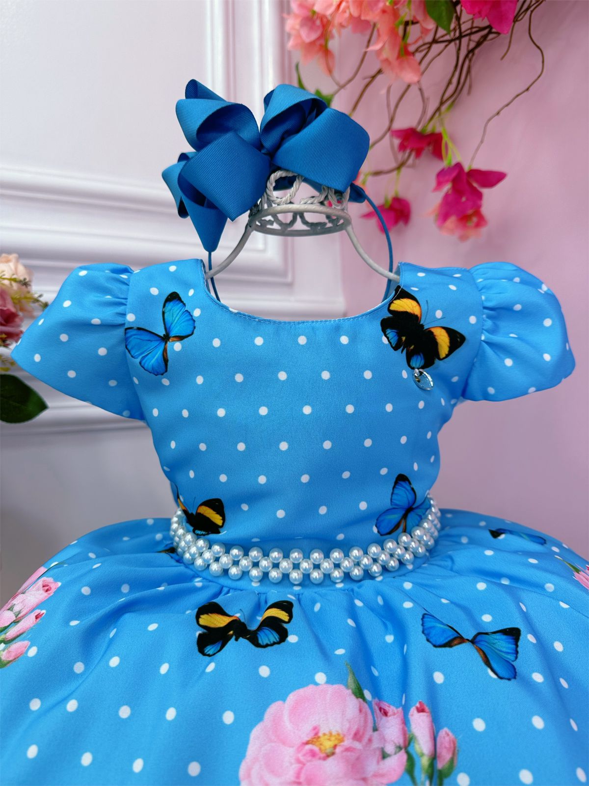 Vestido Infantil Azul Bolinhas Jardim das Borboletas Pérolas