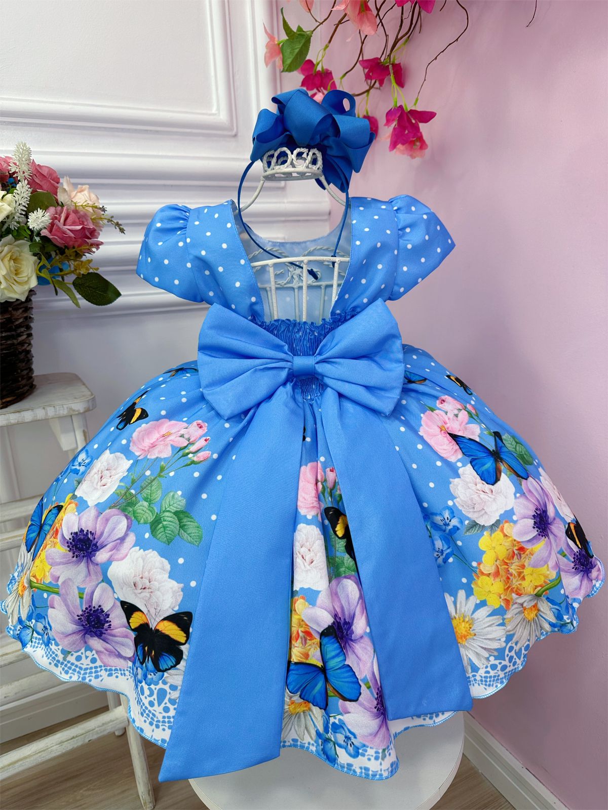 Vestido Infantil Azul Bolinhas Jardim das Borboletas Pérolas
