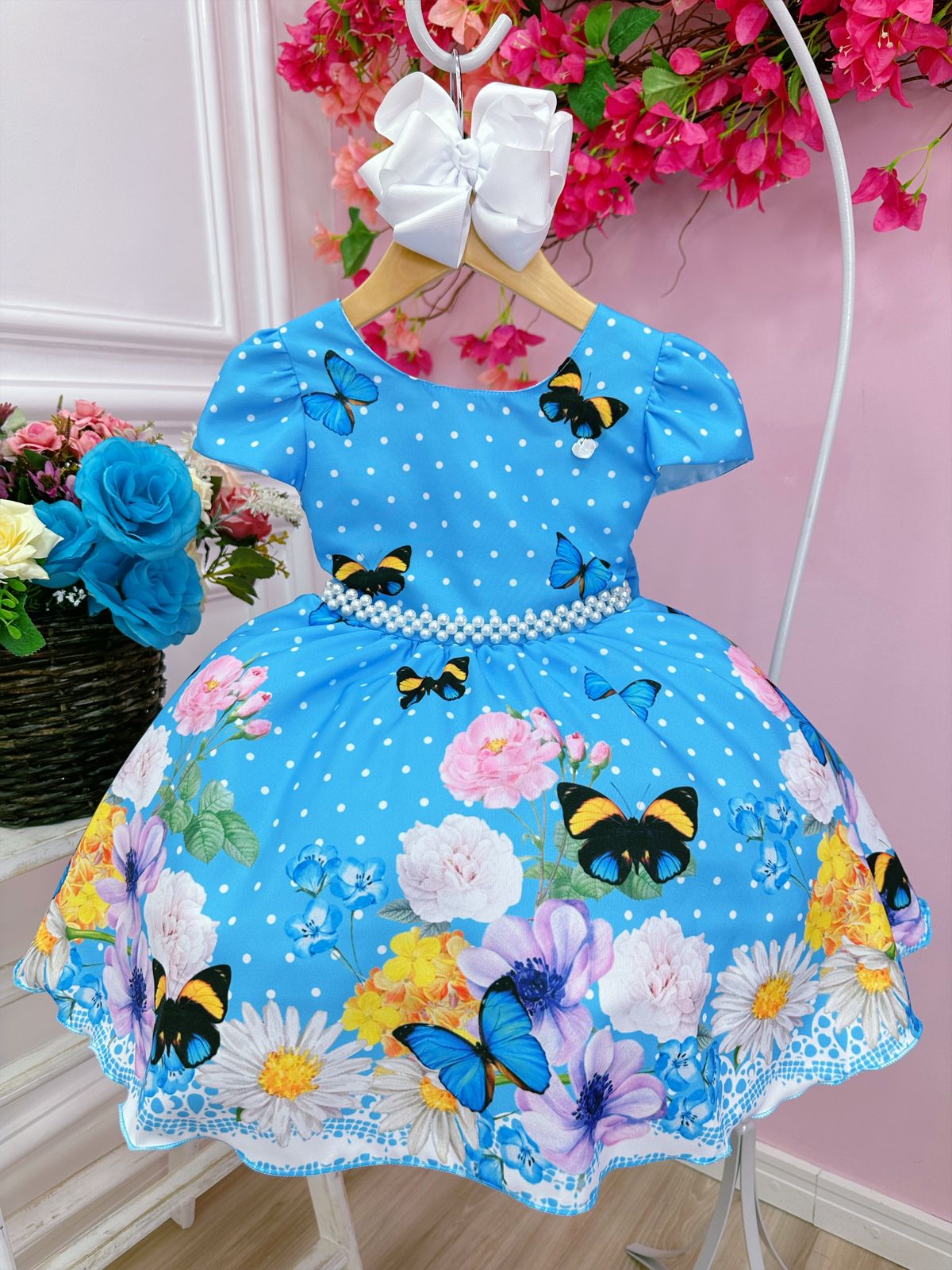 Vestido Infantil Azul Bolinhas Jardim das Borboletas Pérolas