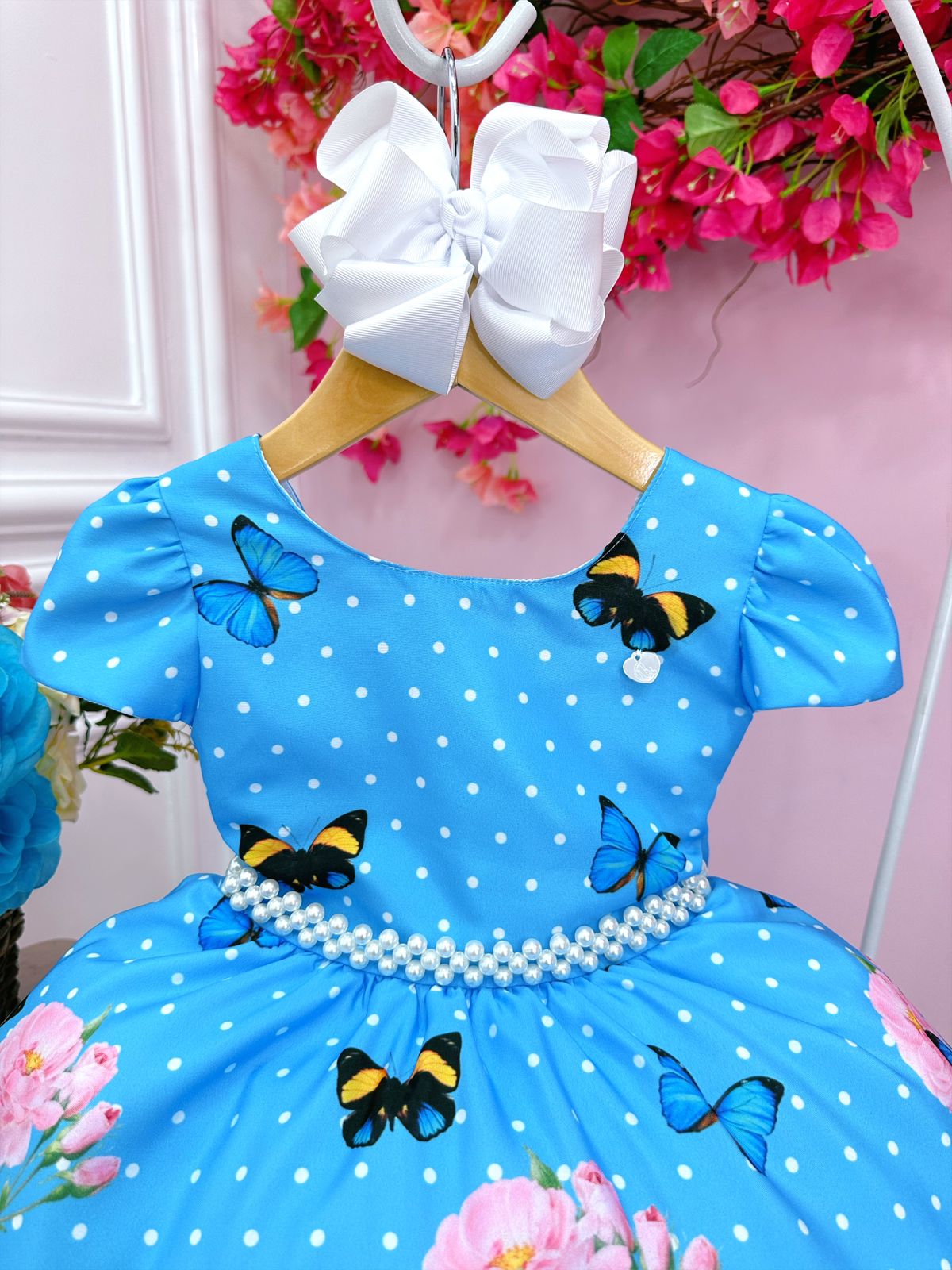 Vestido Infantil Azul Bolinhas Jardim das Borboletas Pérolas