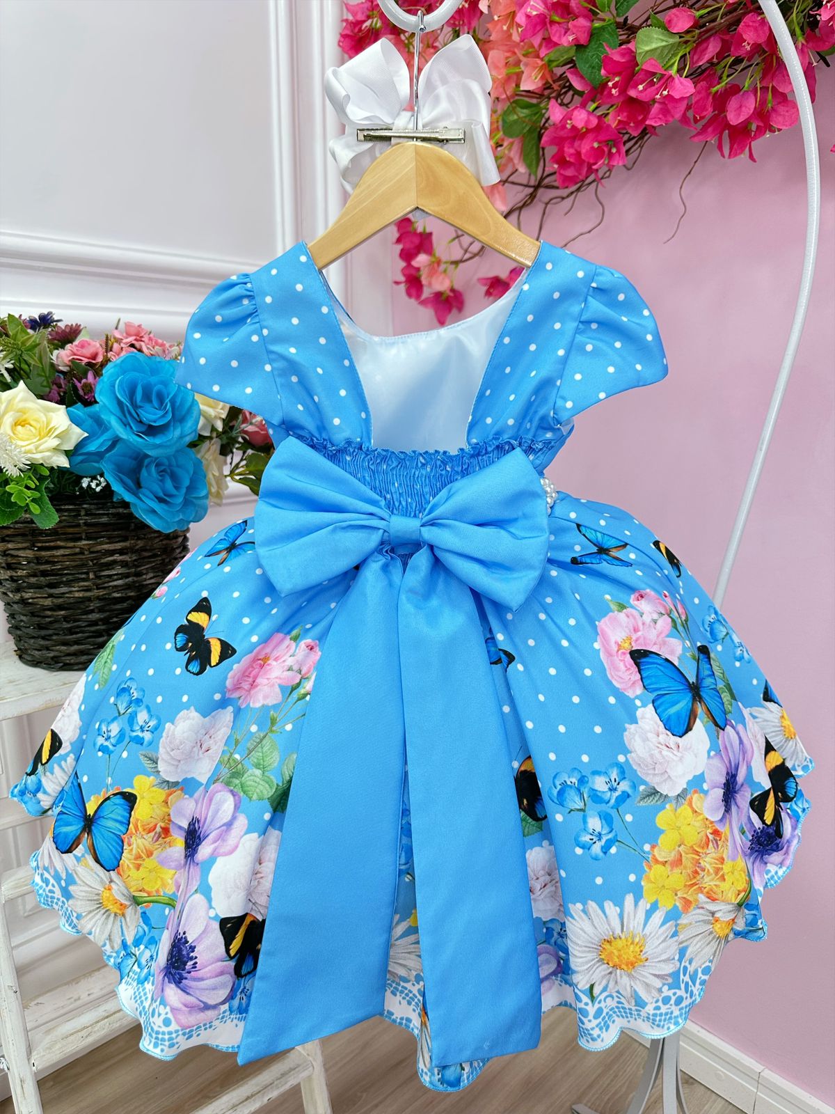 Vestido Infantil Azul Bolinhas Jardim das Borboletas Pérolas
