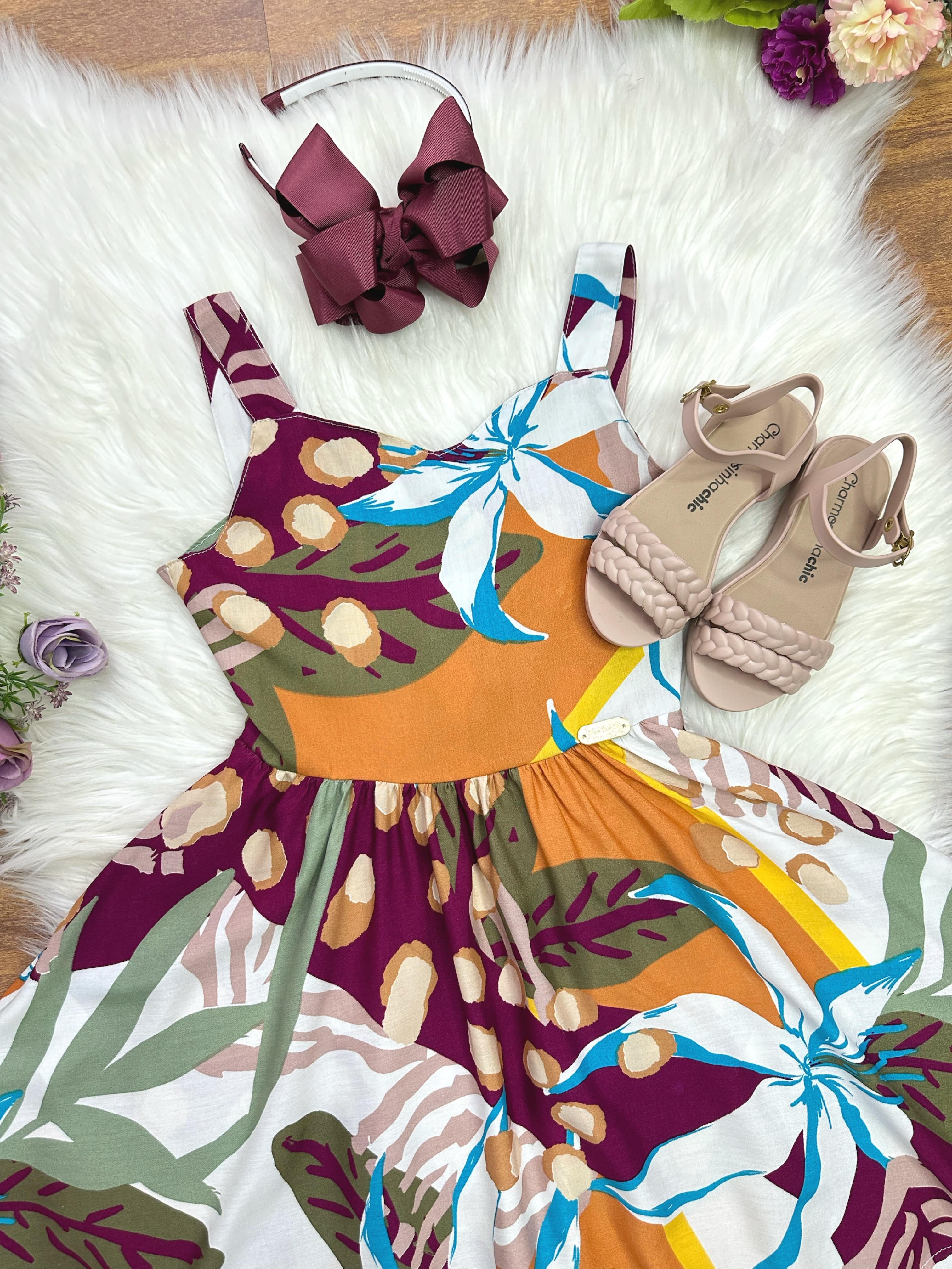 Vestido Infantil Casual Primavera Verão Marsala Florido