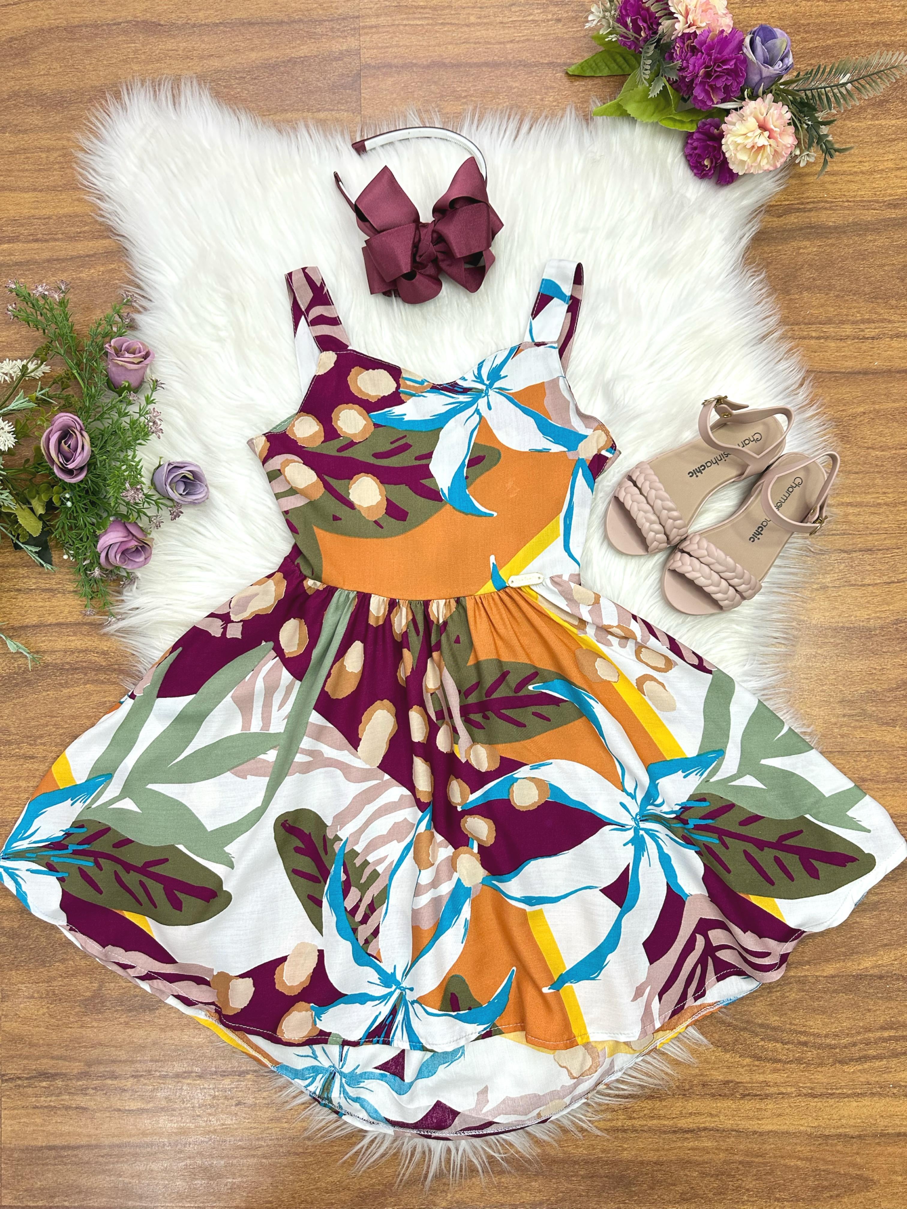 Vestido Infantil Casual Primavera Verão Marsala Florido