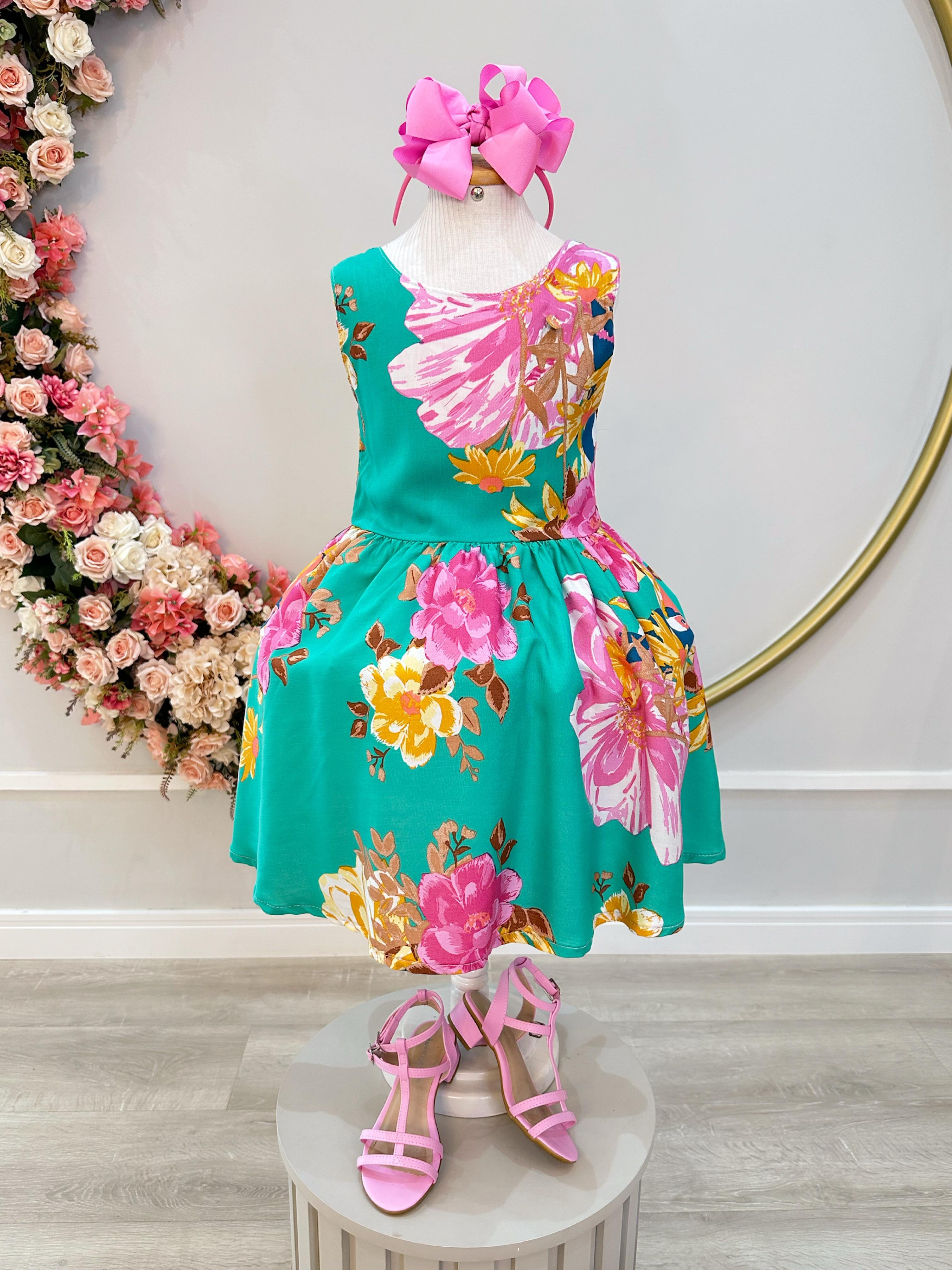 Vestido Infantil Casual Primavera Verão Verde Florido – MayaPitaya