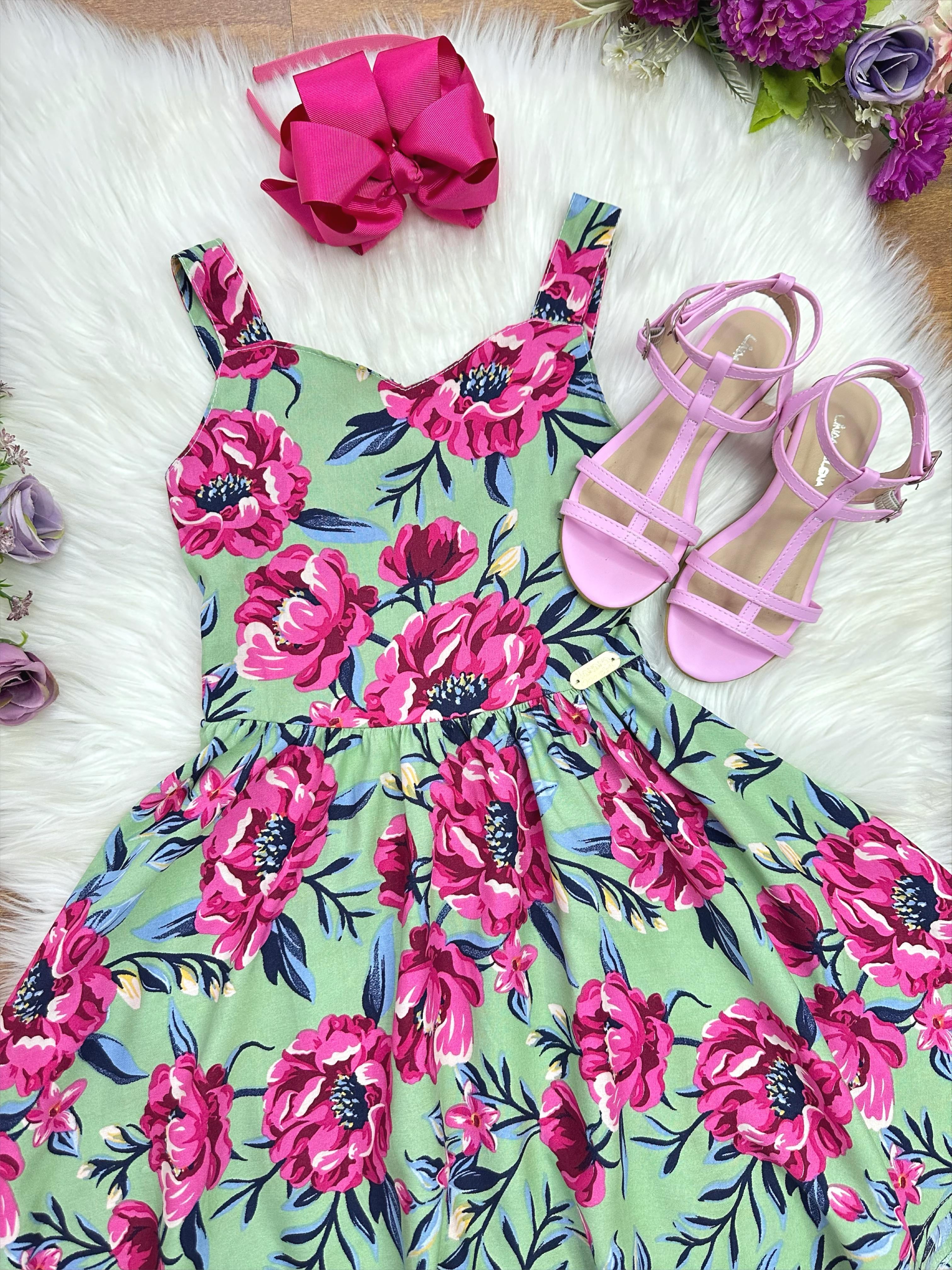Vestido Infantil Casual Primavera Verão Verde Florido Colorido