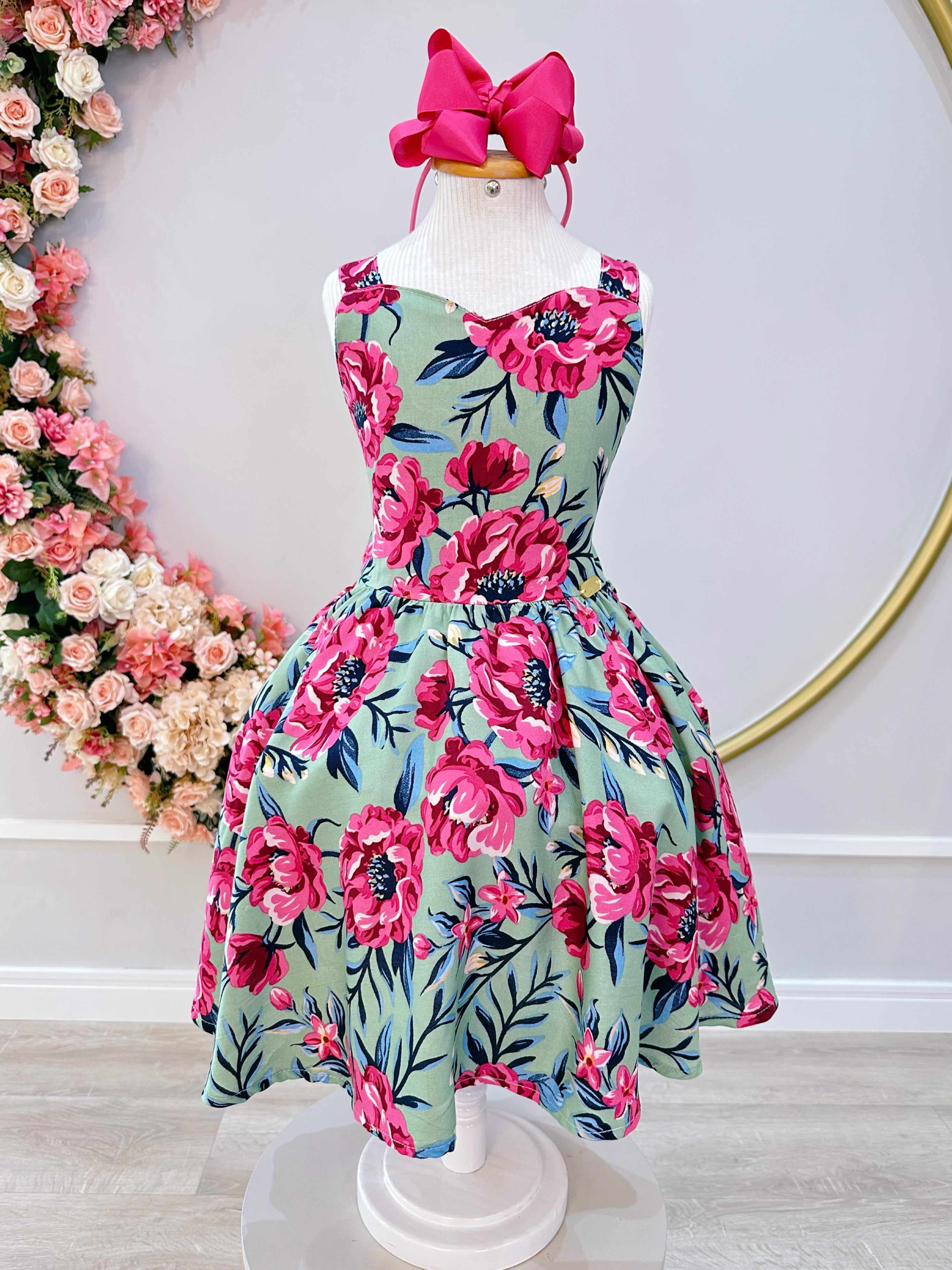 Vestido Infantil Casual Primavera Verão Verde Florido Colorido