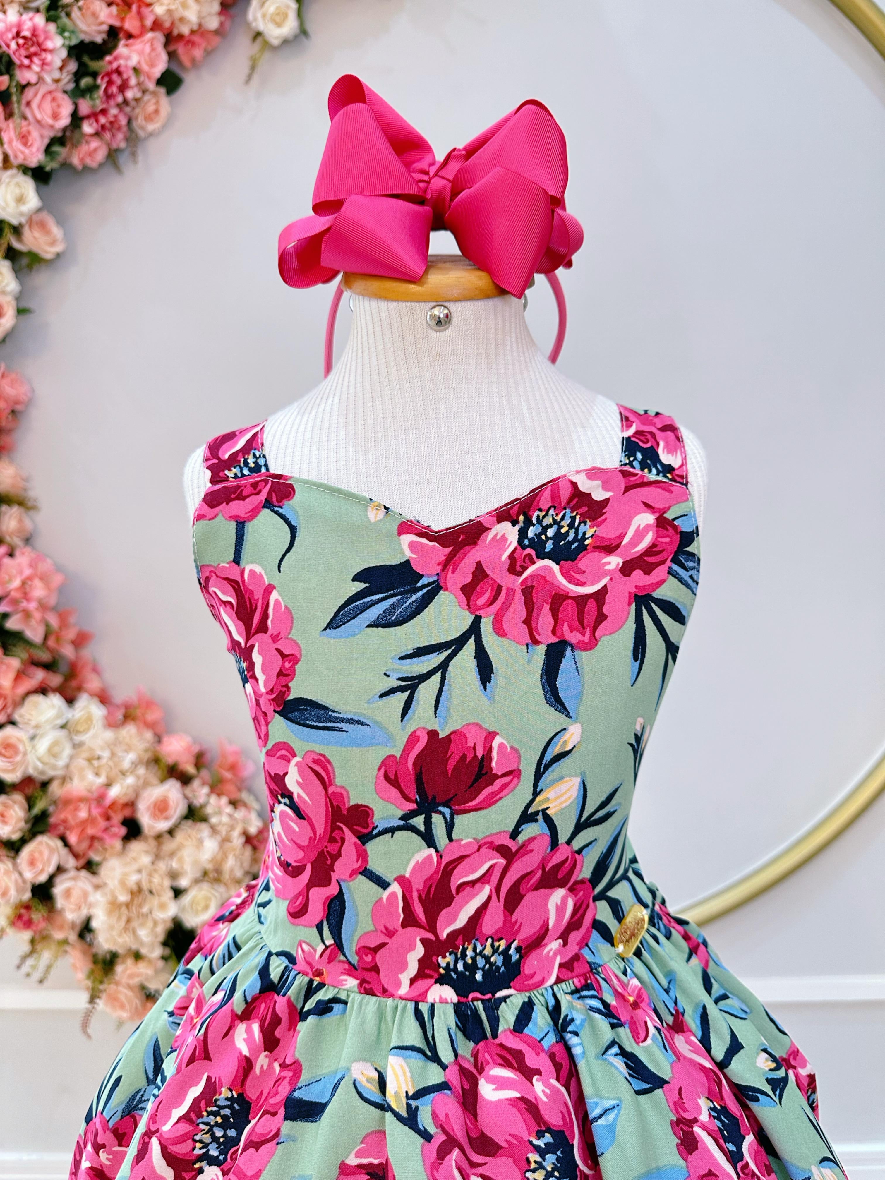 Vestido Infantil Casual Primavera Verão Verde Florido Colorido