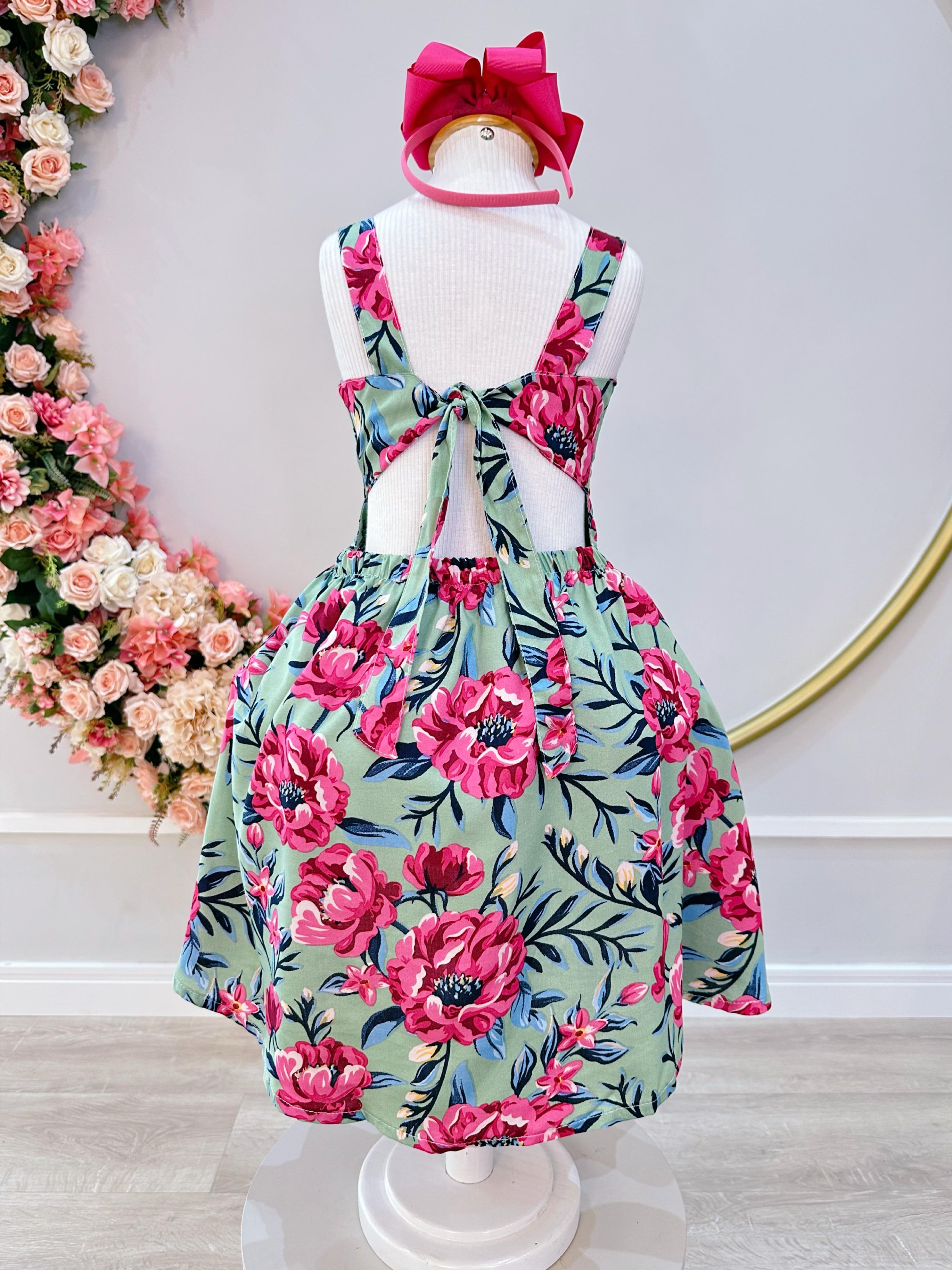 Vestido Infantil Casual Primavera Verão Verde Florido Colorido