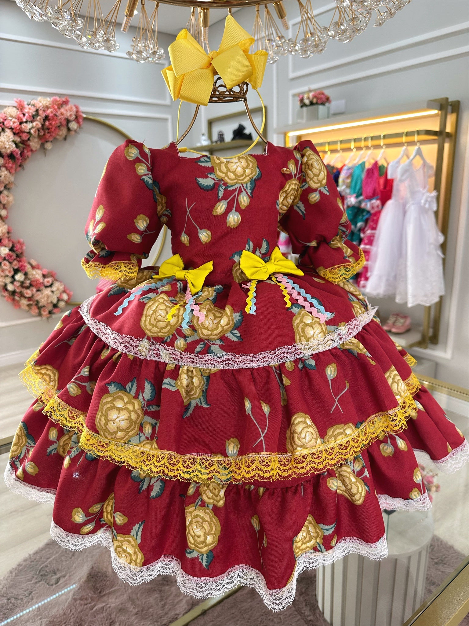 Vestido Infantil Junino Marsala Florido C/ Aplique de Laços