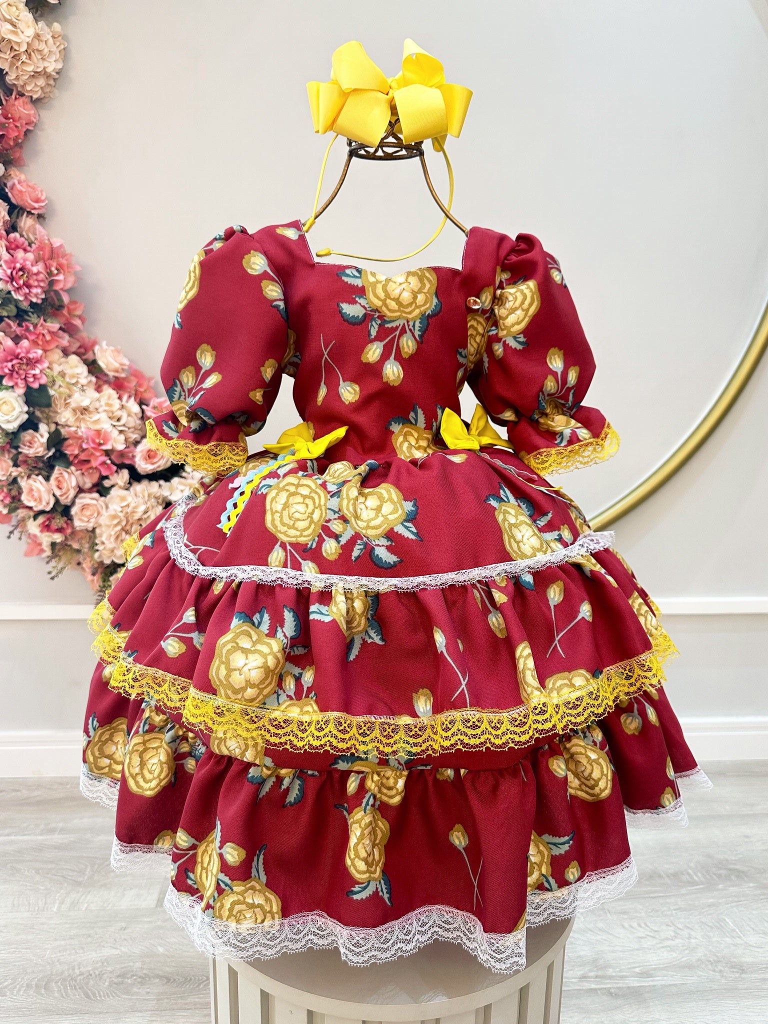 Vestido Infantil Junino Marsala Florido C/ Aplique de Laços