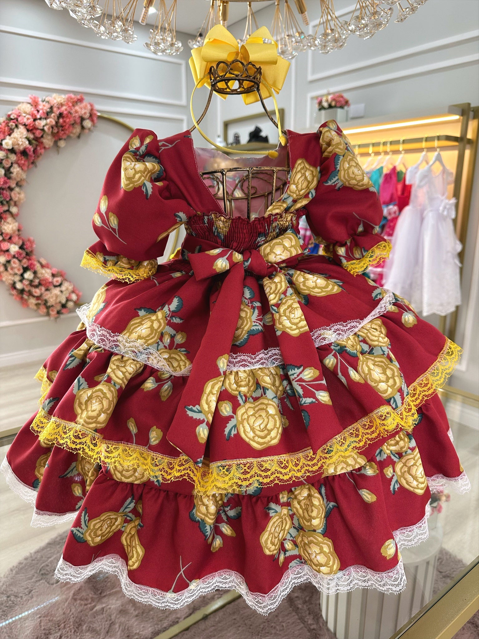 Vestido Infantil Junino Marsala Florido C/ Aplique de Laços