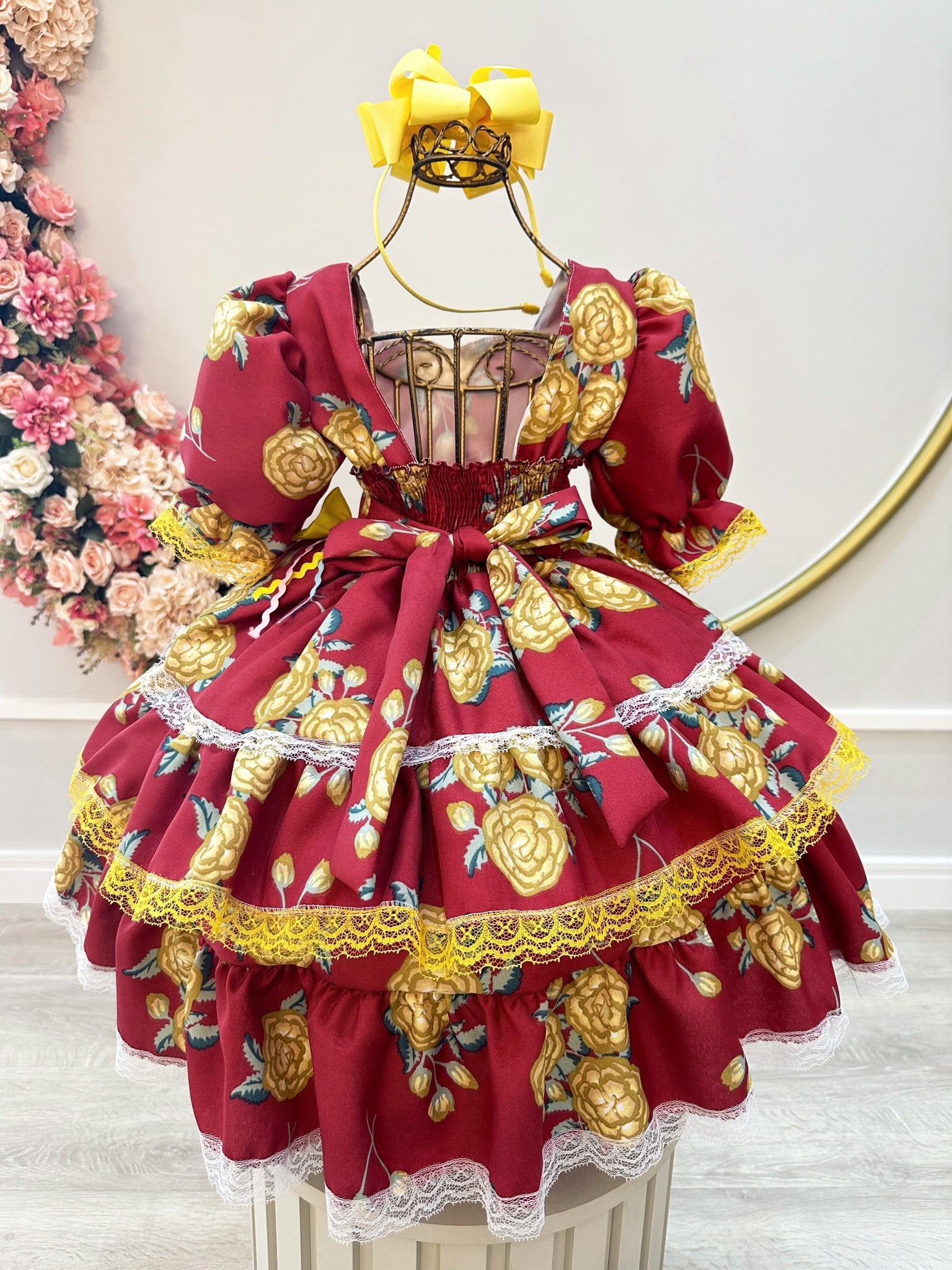 Vestido Infantil Junino Marsala Florido C/ Aplique de Laços