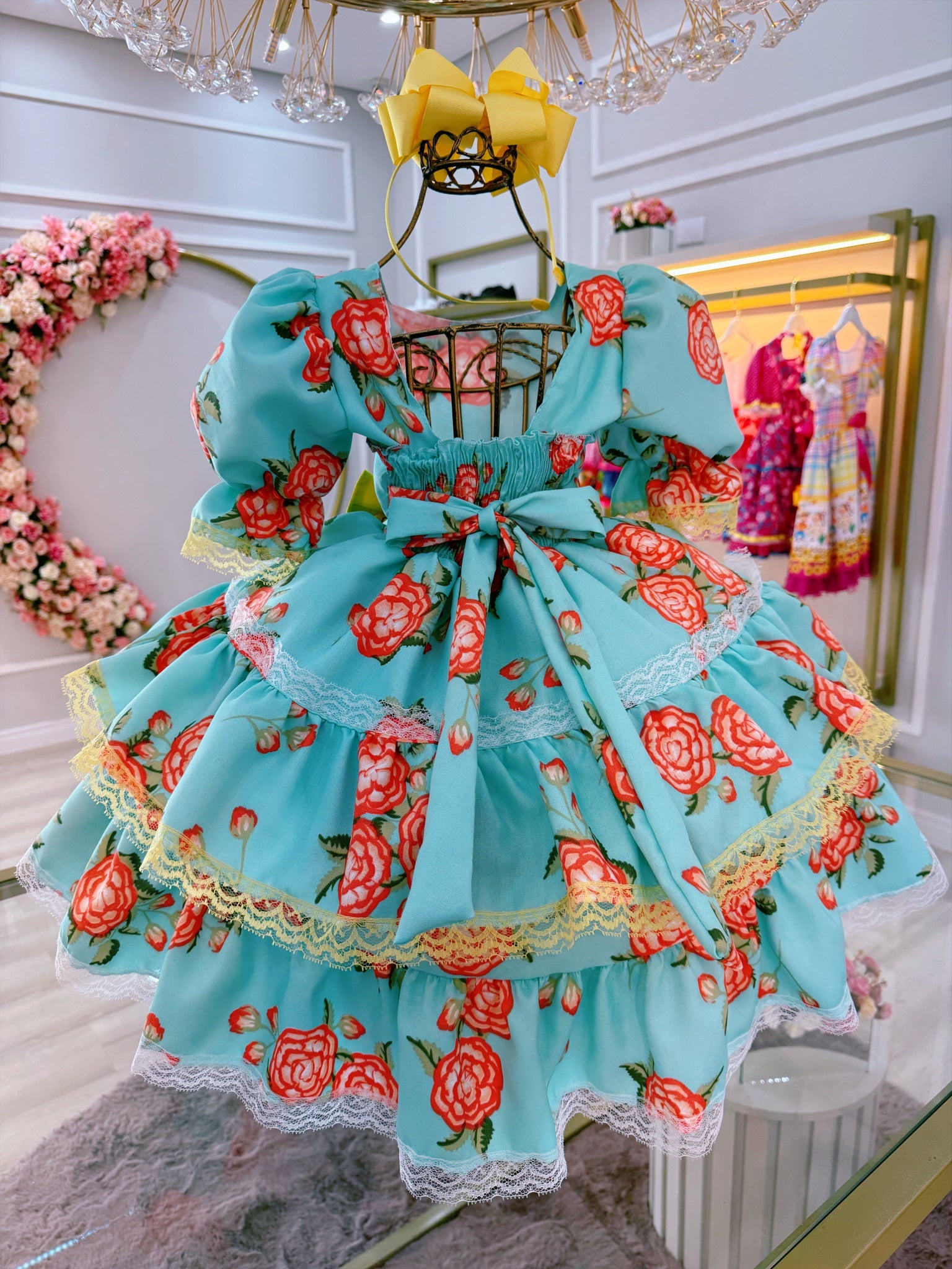 Vestido Infantil Junino Verde Florido C/ Aplique de Laços