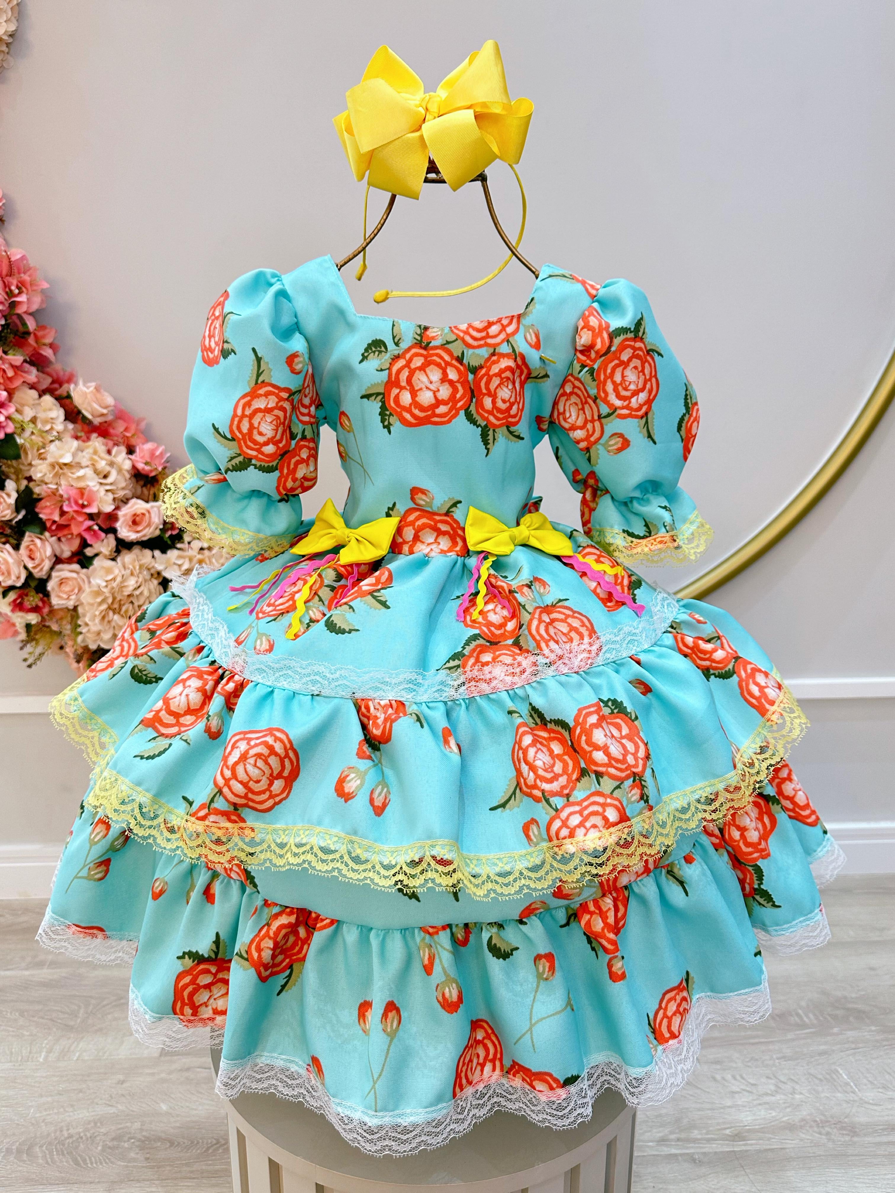 Vestido Infantil Junino Verde Florido C/ Aplique de Laços