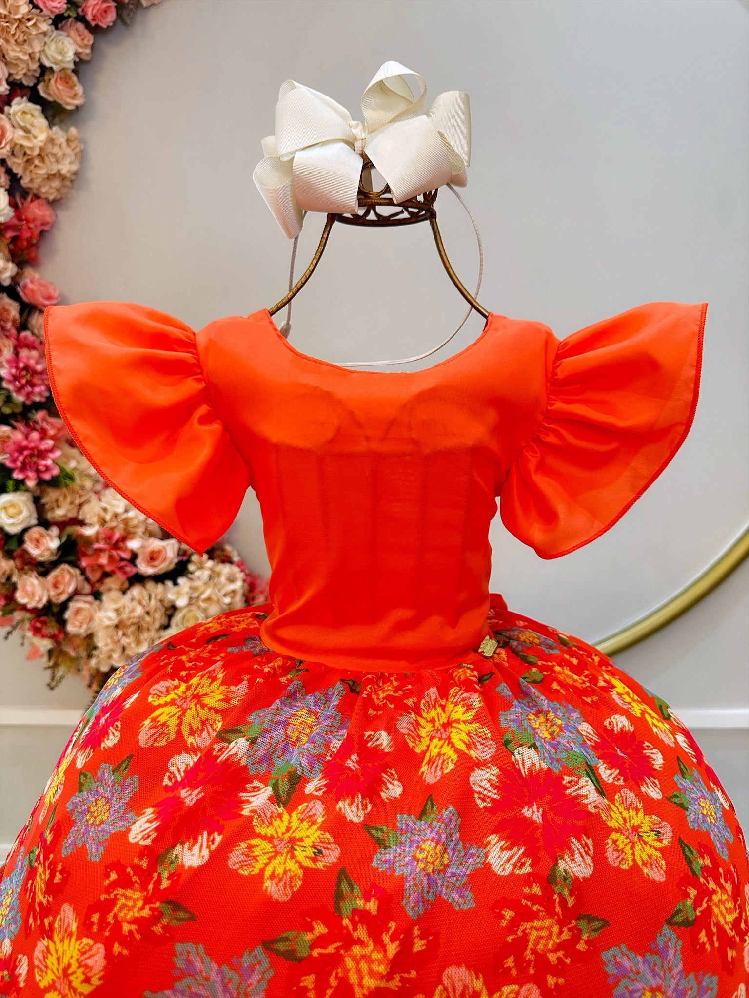 Vestido Infantil Laranja Com Saia Florida Colorida Luxo