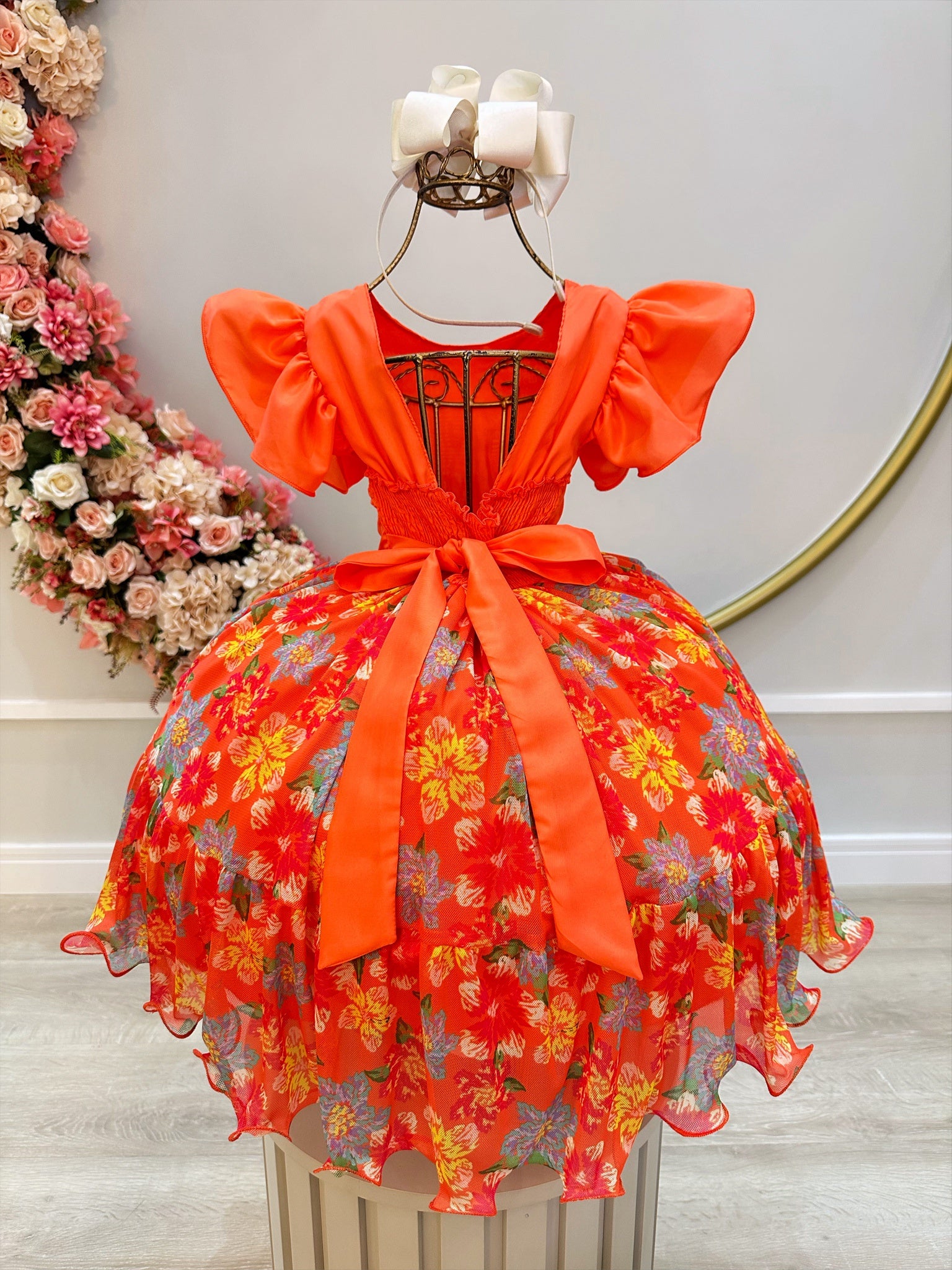 Vestido Infantil Laranja Com Saia Florida Colorida Luxo