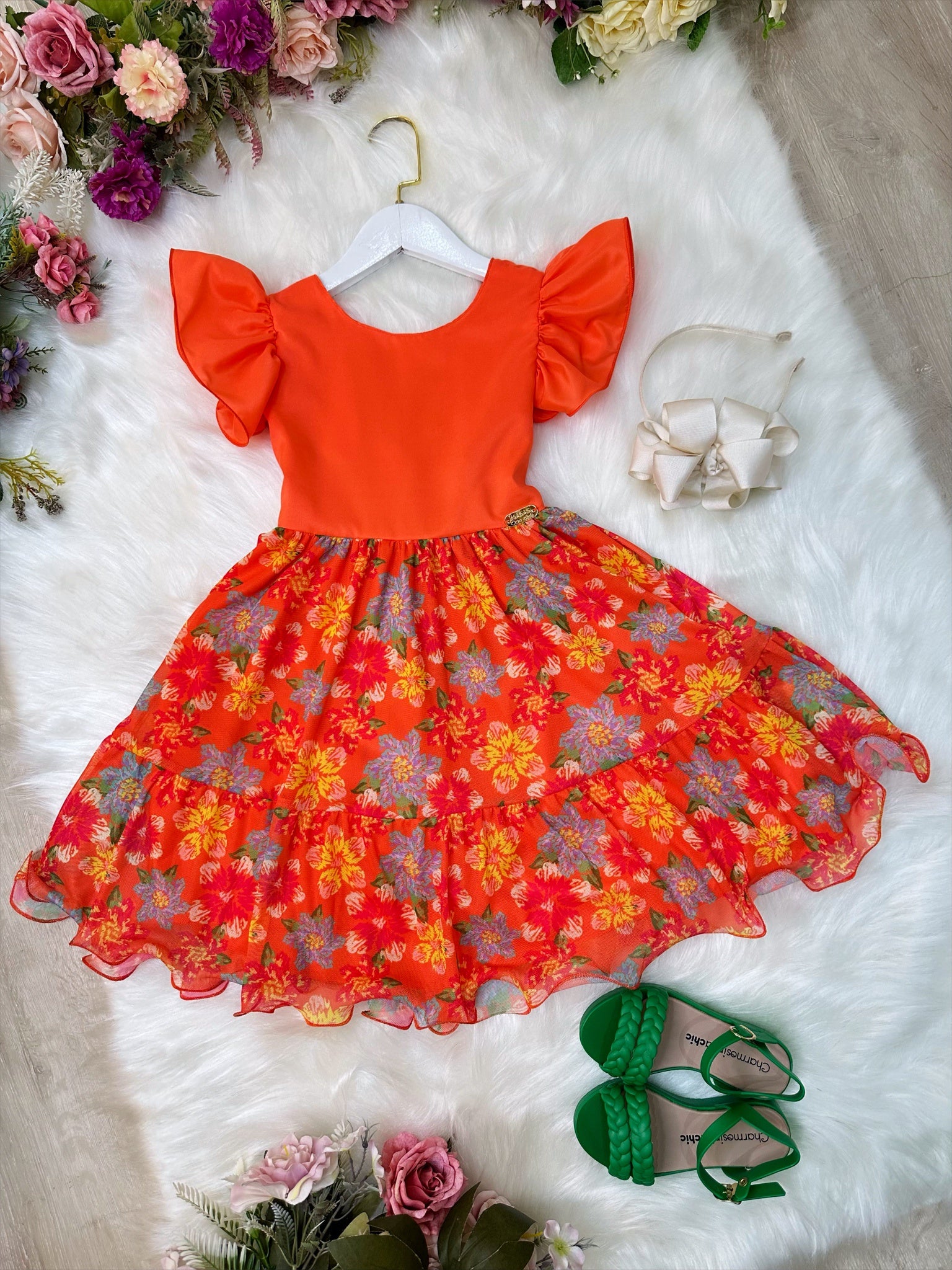 Vestido Infantil Laranja Com Saia Florida Colorida Luxo