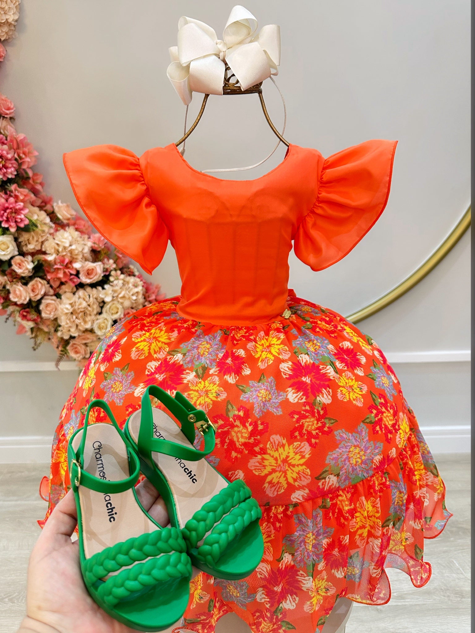 Vestido Infantil Laranja Com Saia Florida Colorida Luxo