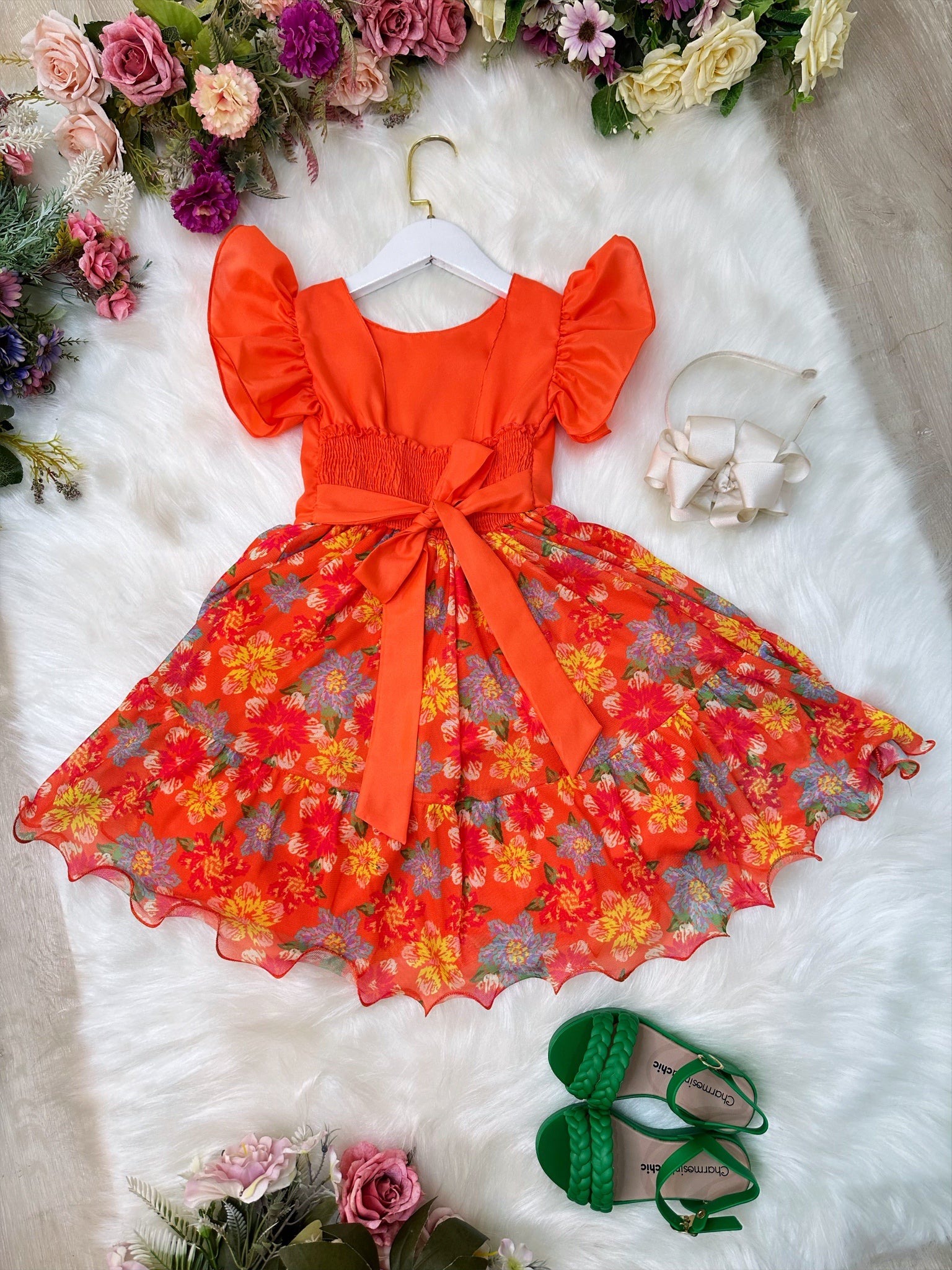 Vestido Infantil Laranja Com Saia Florida Colorida Luxo