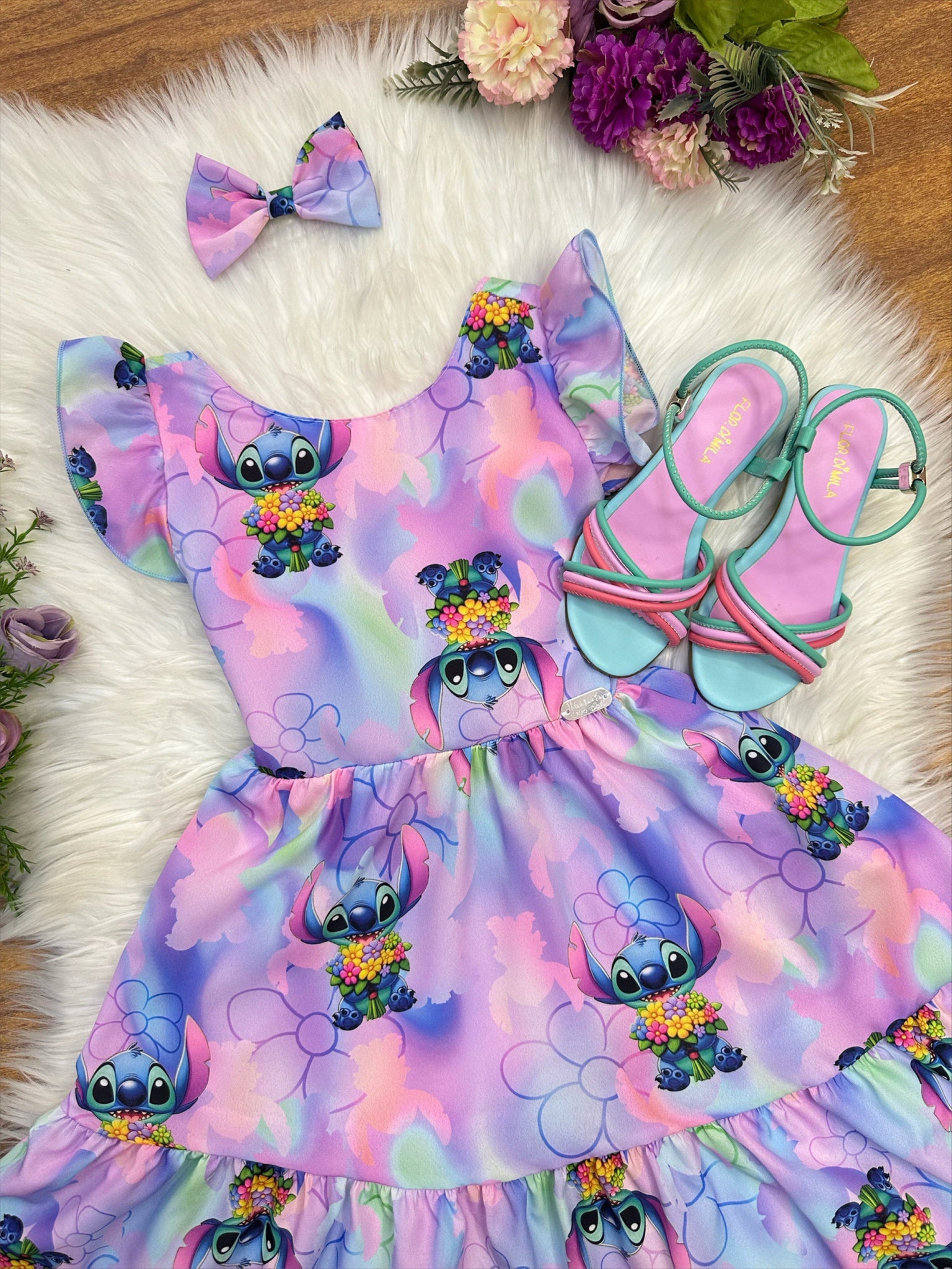 Vestido Infantil Lilo Stitch e Angel C/ Laço Lilás Colorido