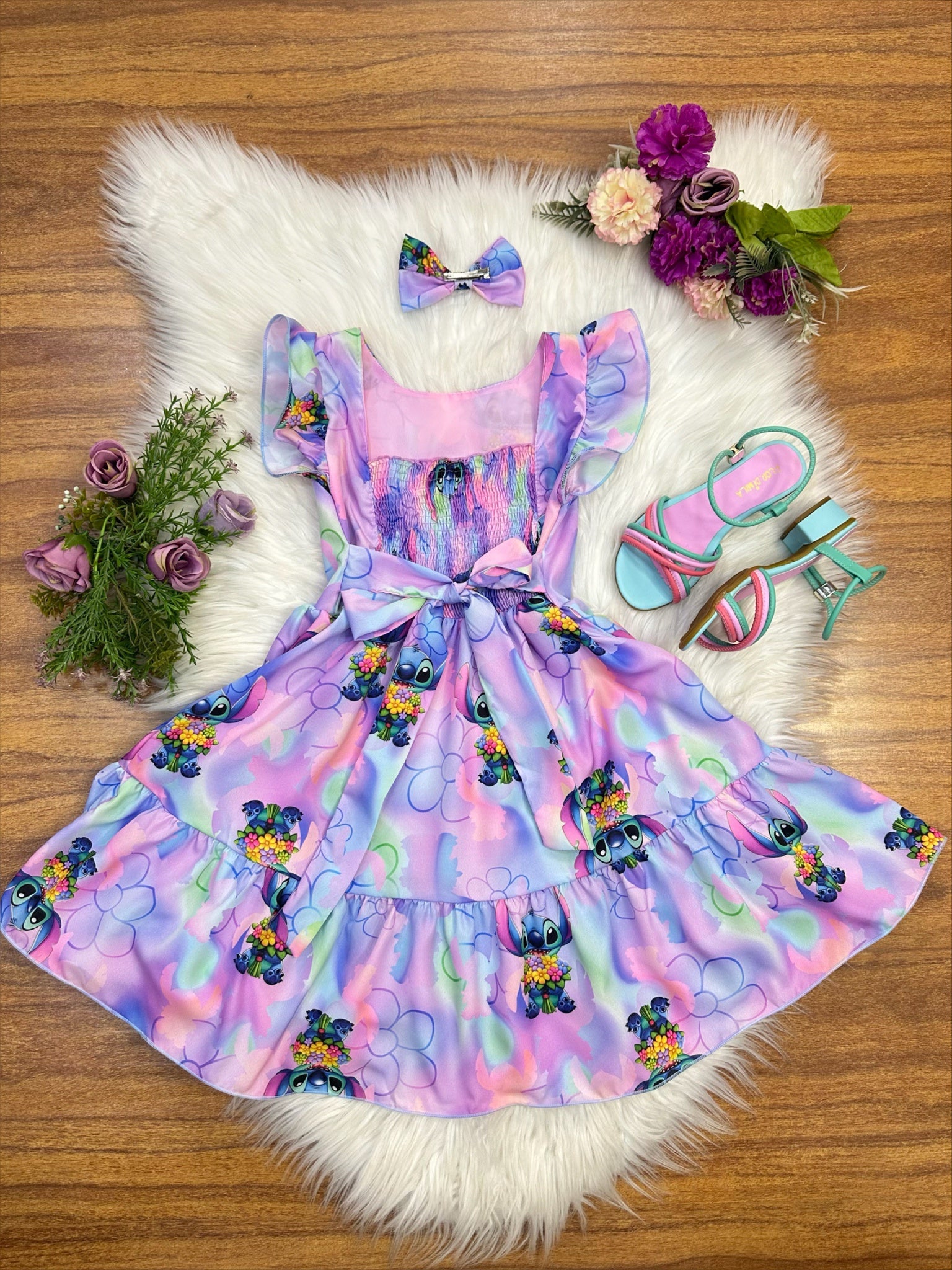 Vestido Infantil Lilo Stitch e Angel C/ Laço Lilás Colorido